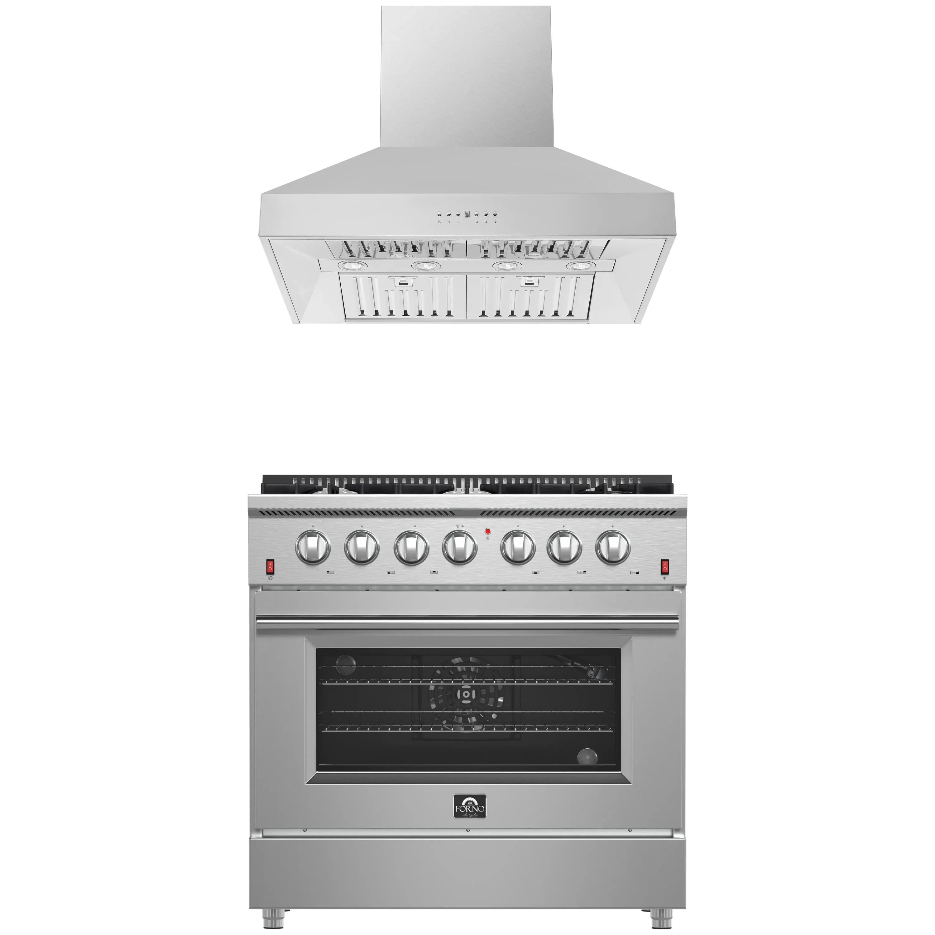 Stainless steel wall hood and stainless steel gas range with control knobs