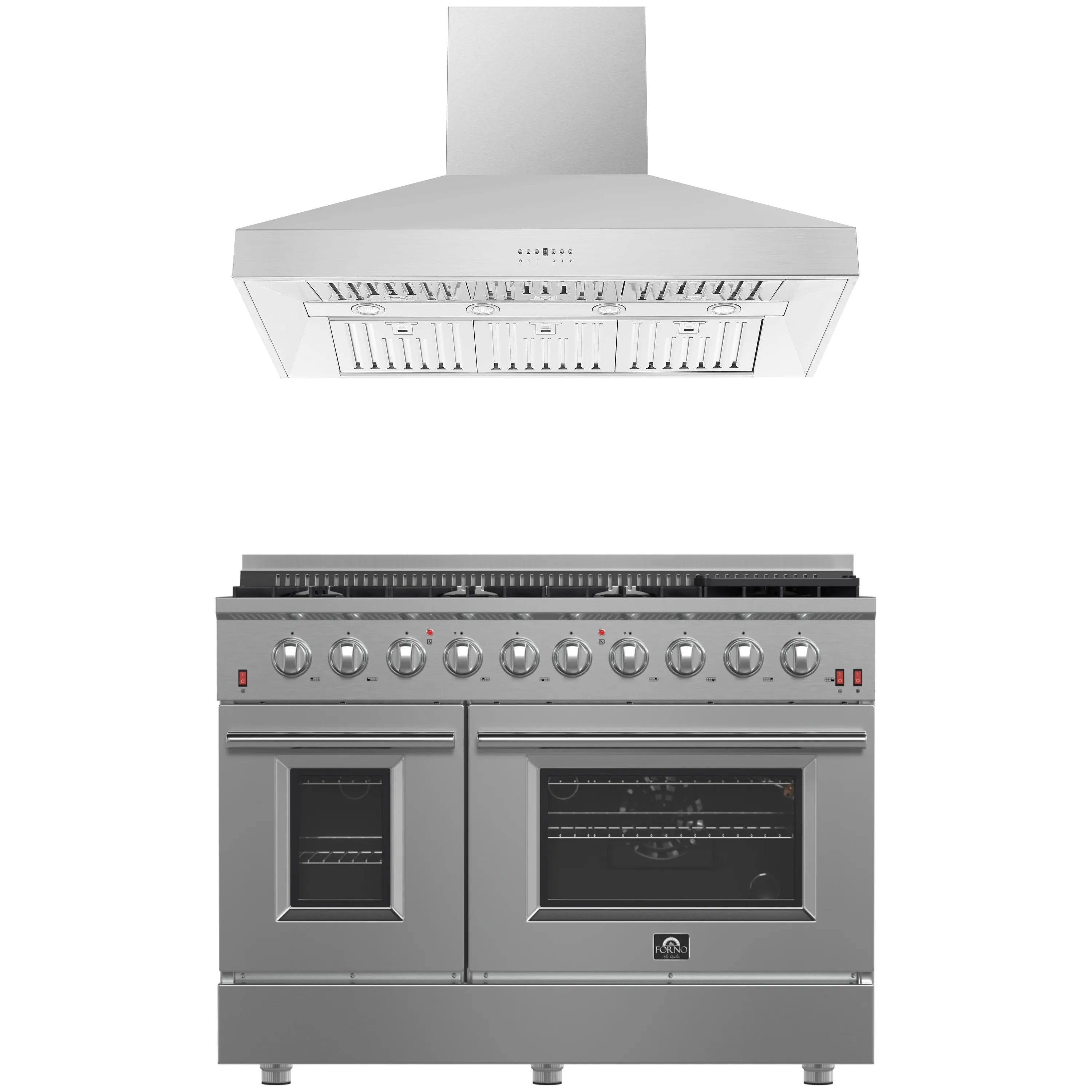 Stainless steel range with wall hood above, dual ovens and control knobs