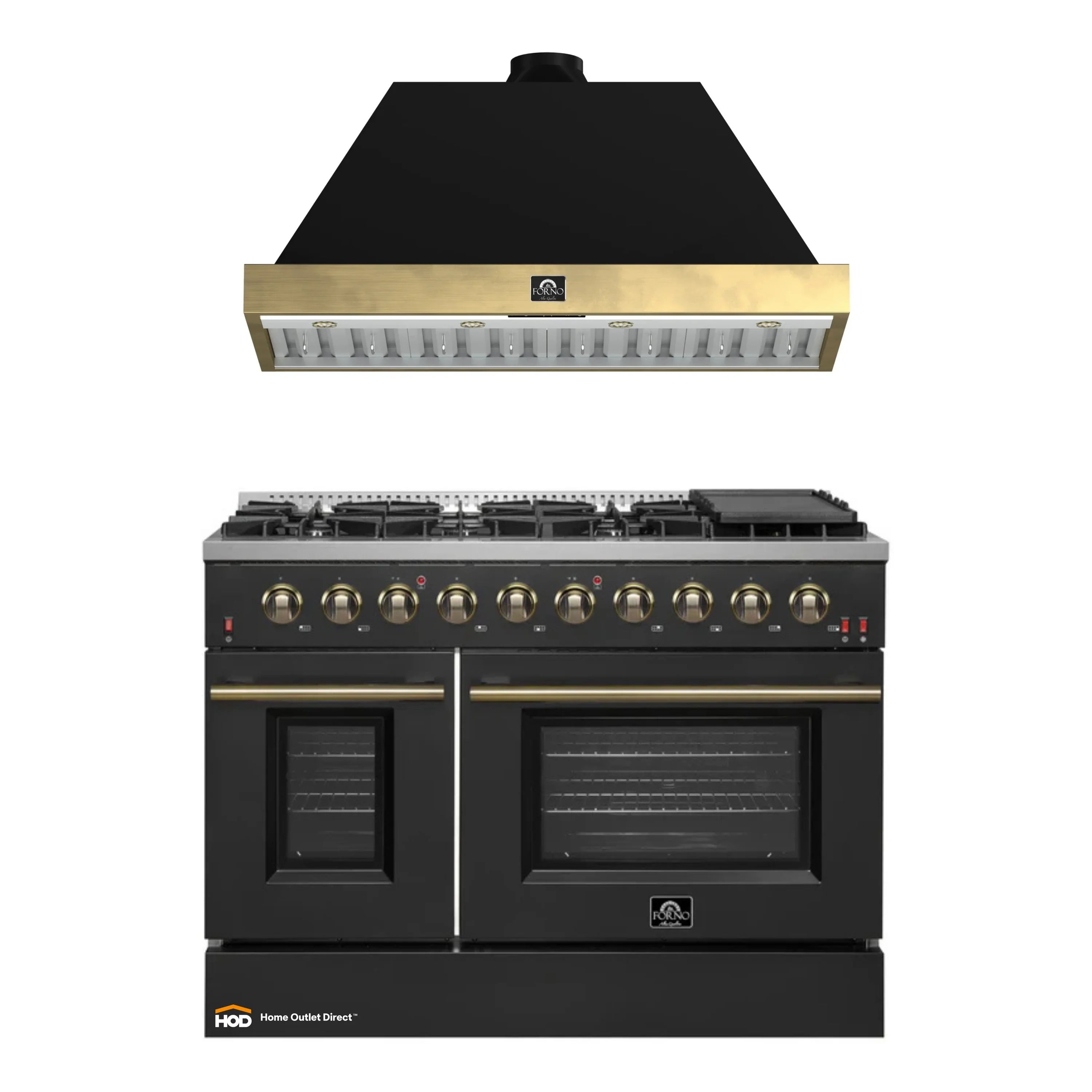Black 48-inch gas range with brass trim and matching wall-mounted range hood