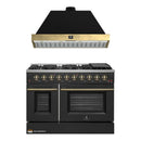 Forno Galiano 2-Piece Appliance Package - 48-Inch Gas Range & 48-Inch Wall Mount Range Hood in Black with Antique Brass Trim