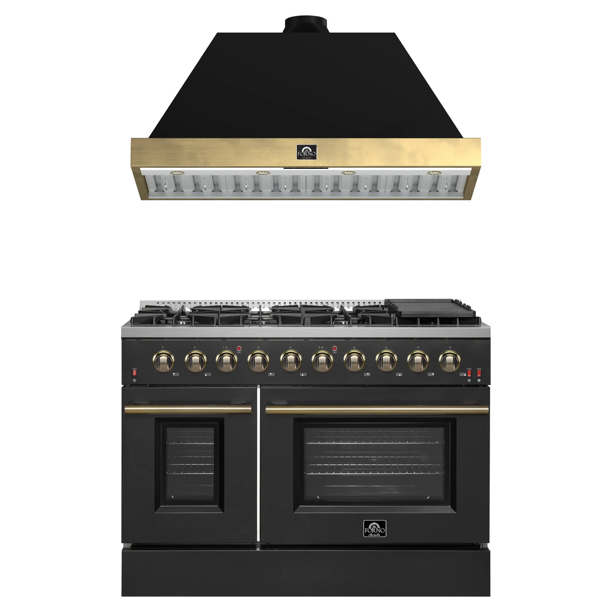 Forno Galiano 2-Piece Appliance Package - 48-Inch Gas Range & 48-Inch Wall Mount Range Hood in Black with Antique Brass Trim