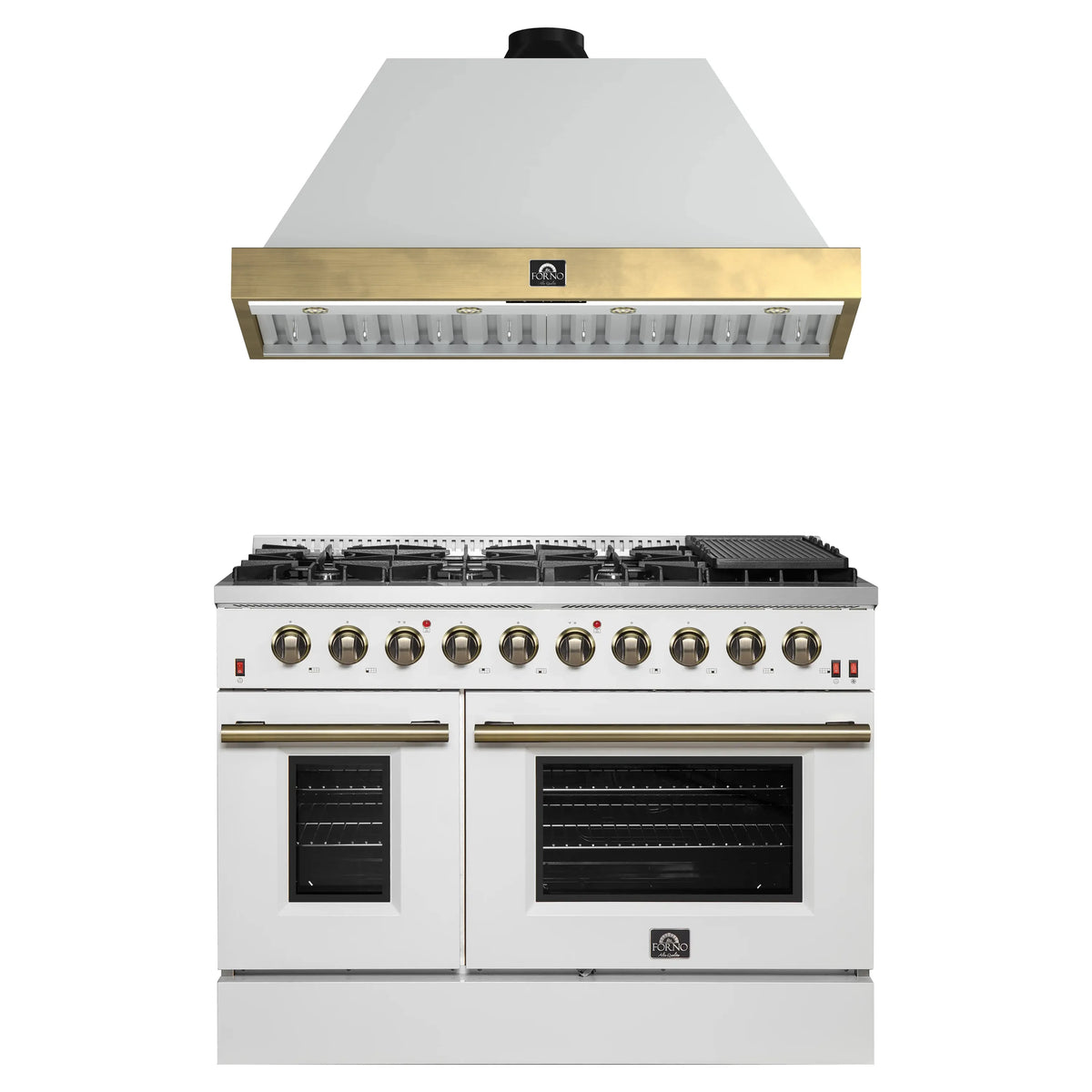 Forno Galiano 2-Piece Appliance Package - 48-Inch Gas Range & 48-Inch Wall Mount Range Hood in White with Antique Brass Trim