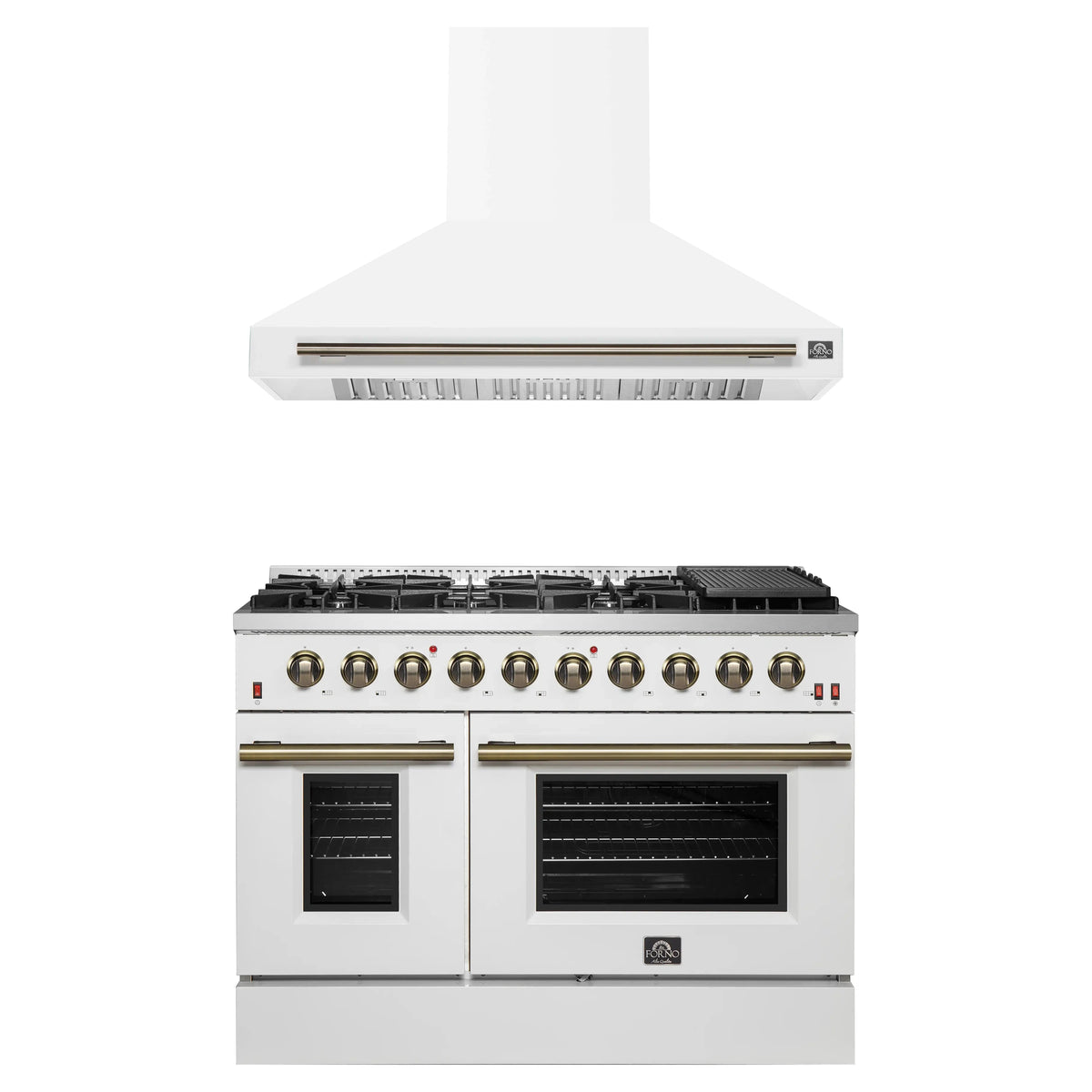 Forno Galiano 2-Piece Appliance Package - 48-Inch Gas Range & 48-Inch Wall Mount Range Hood in White with Antique Brass Trim