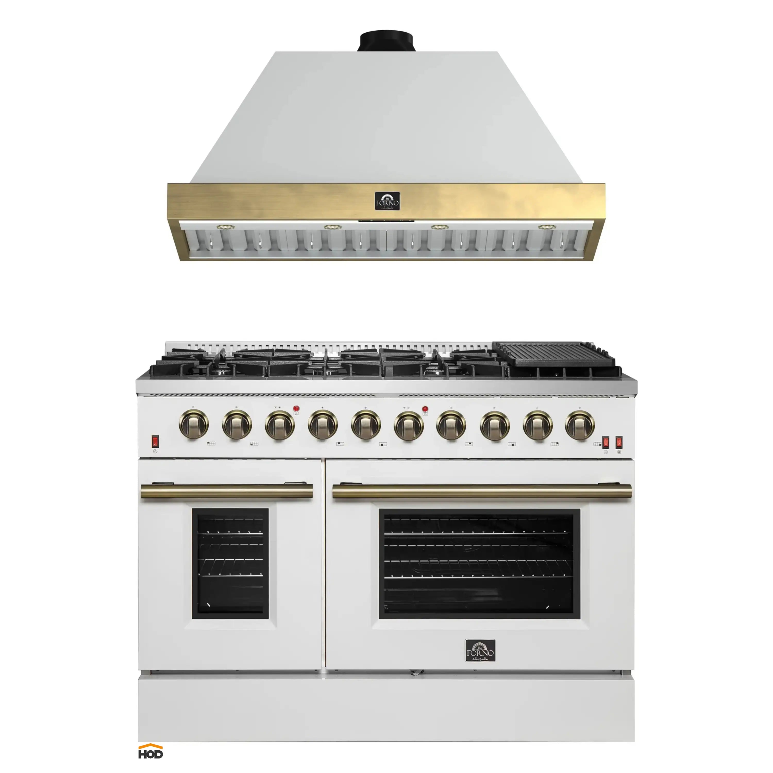 48-inch gas range in white with antique brass knobs and handles, front view