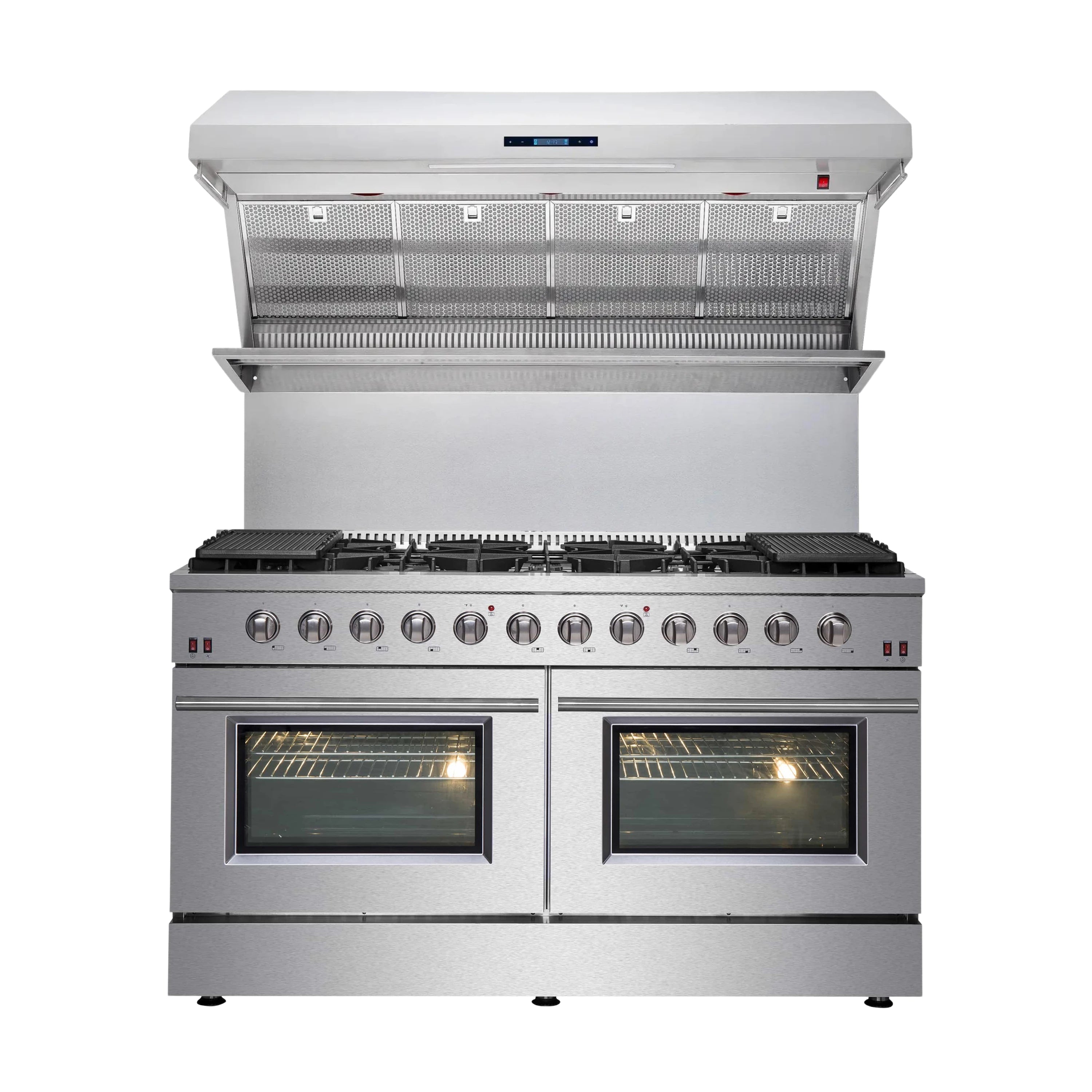 Stainless steel gas range with two ovens and wall hood with perforated grease filters