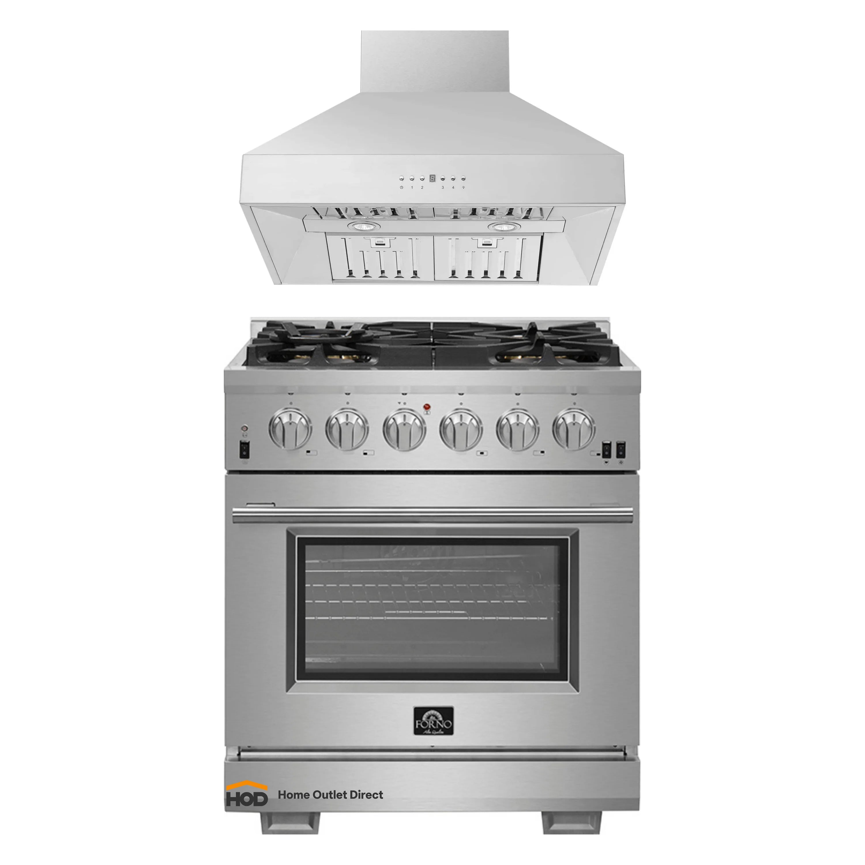 Stainless steel wall hood above gas range with front knobs and oven door window