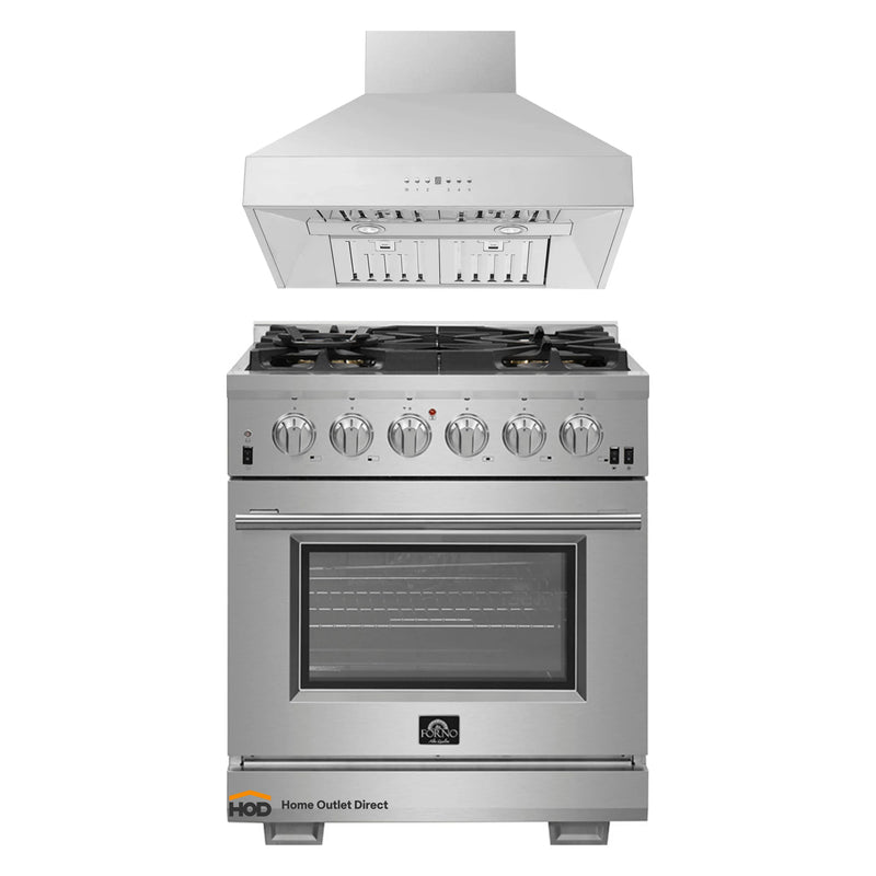 Forno 2-Piece Pro Appliance Package - 30-Inch Gas Range & Wall Mount Hood in Stainless Steel