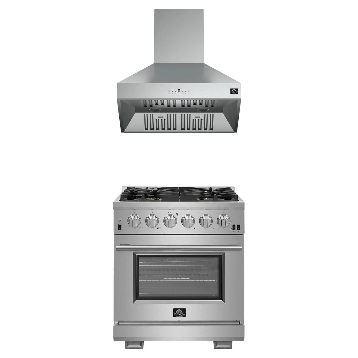Forno 2-Piece Pro Appliance Package - 30-Inch Gas Range & Wall Mount Hood in Stainless Steel
