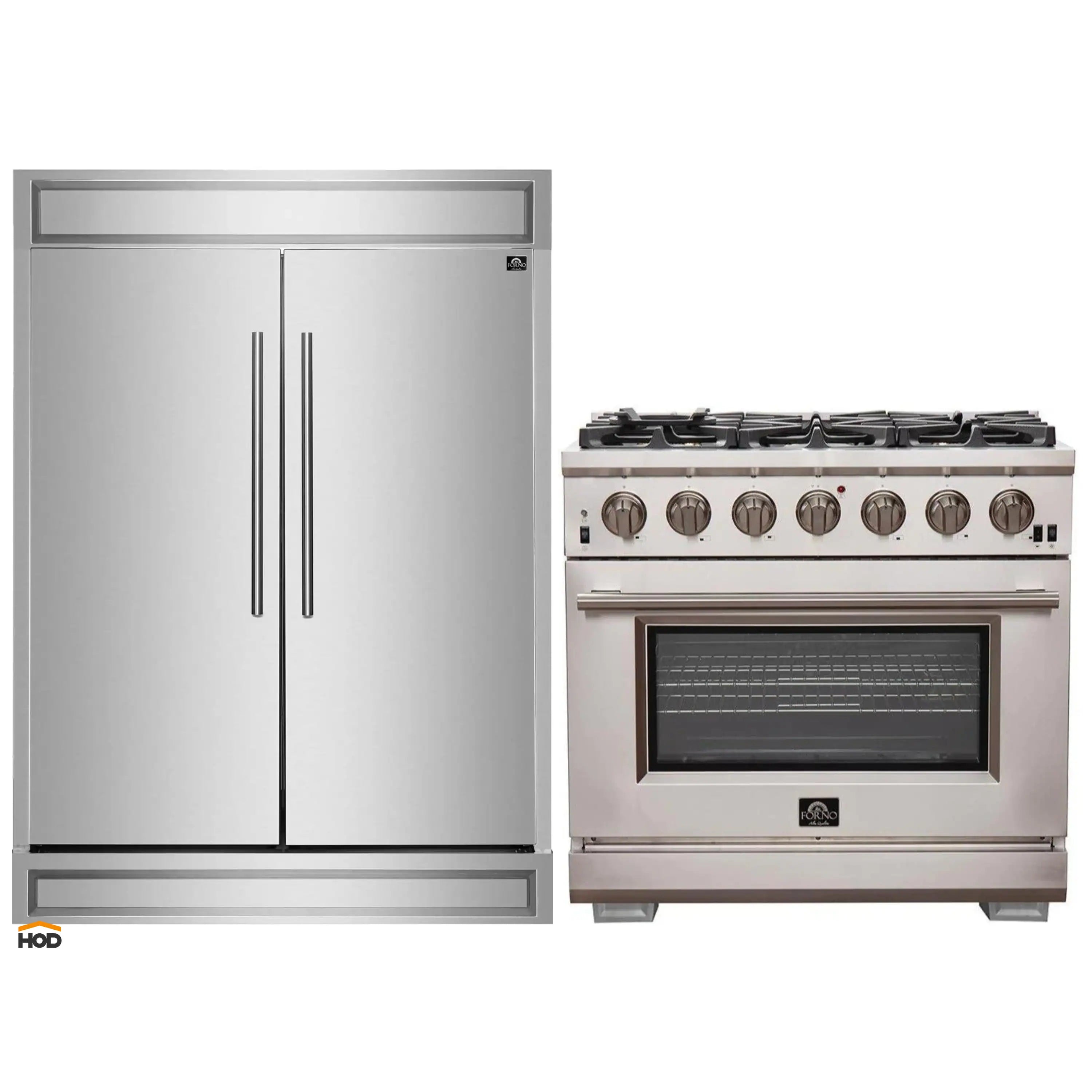 Stainless steel built-in refrigerator and gas range set with knobs and oven door