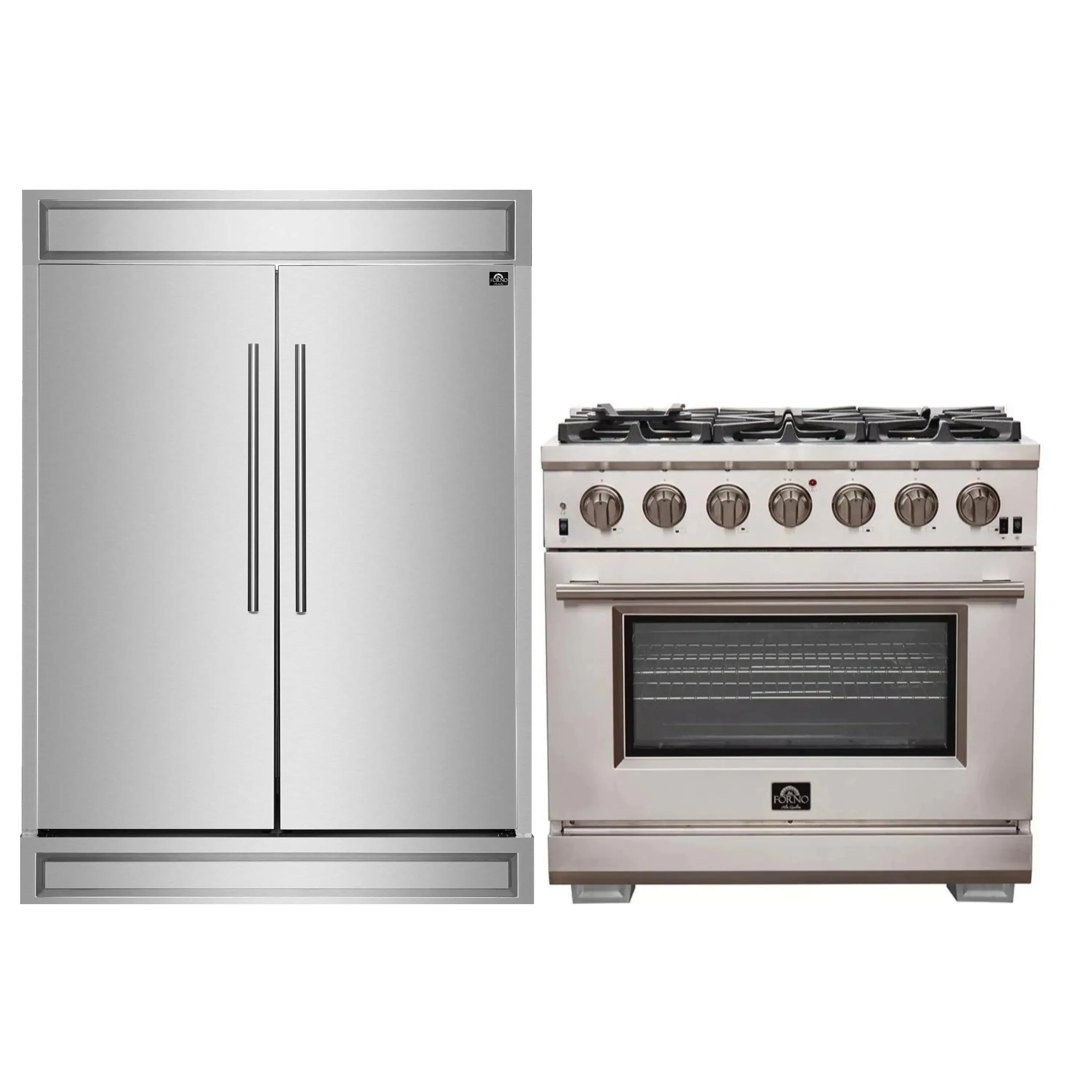 Stainless steel appliance package with refrigerator and 36-inch gas range side by side