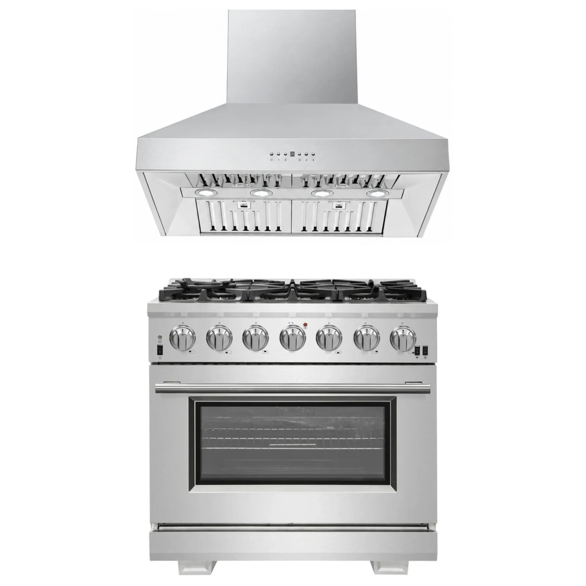 Forno 2-Piece Pro Appliance Package - 36-Inch Gas Range & Wall Mount Hood in Stainless Steel