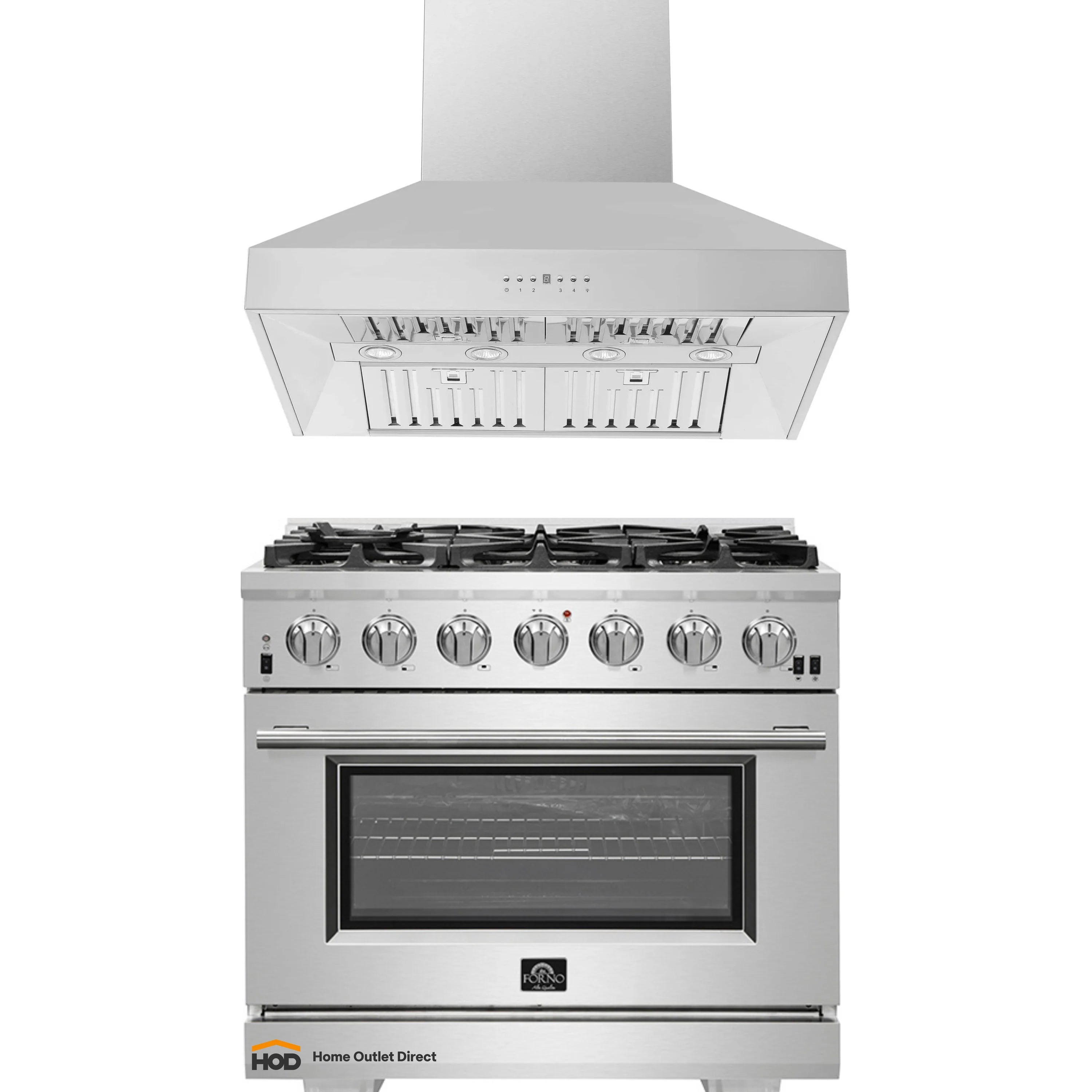 Stainless steel wall hood and 36-inch gas range with oven door and burners