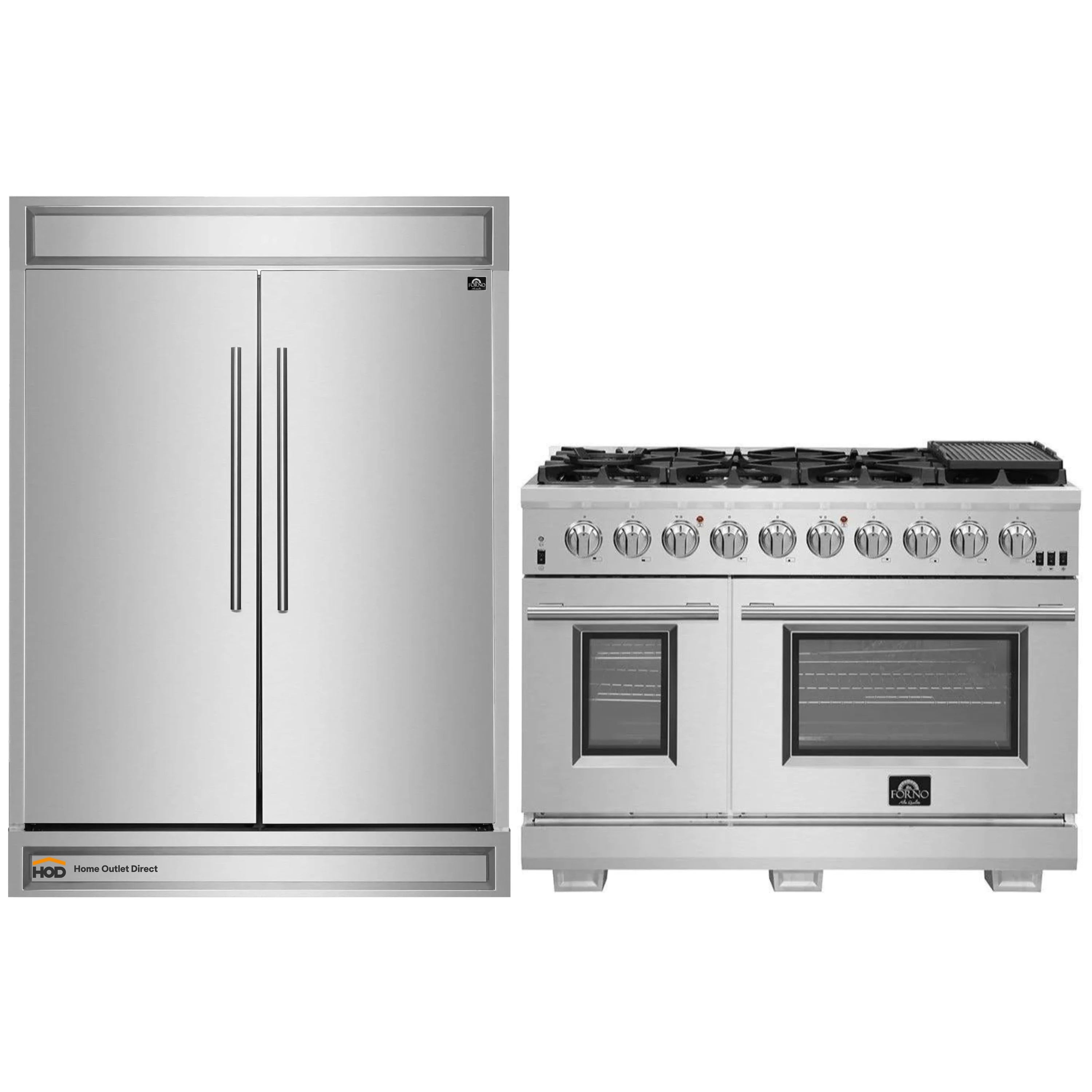 Built-in stainless refrigerator beside stainless gas range with dual oven doors