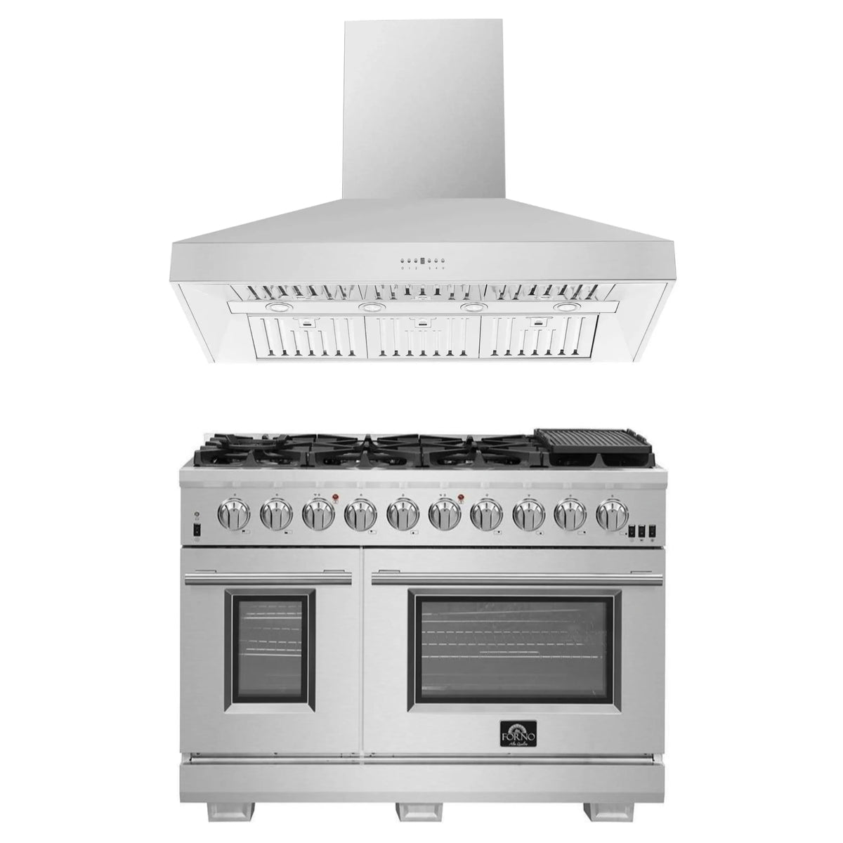 Forno 2-Piece Pro Appliance Package - 48-Inch Gas Range & Wall Mount Hood in Stainless Steel