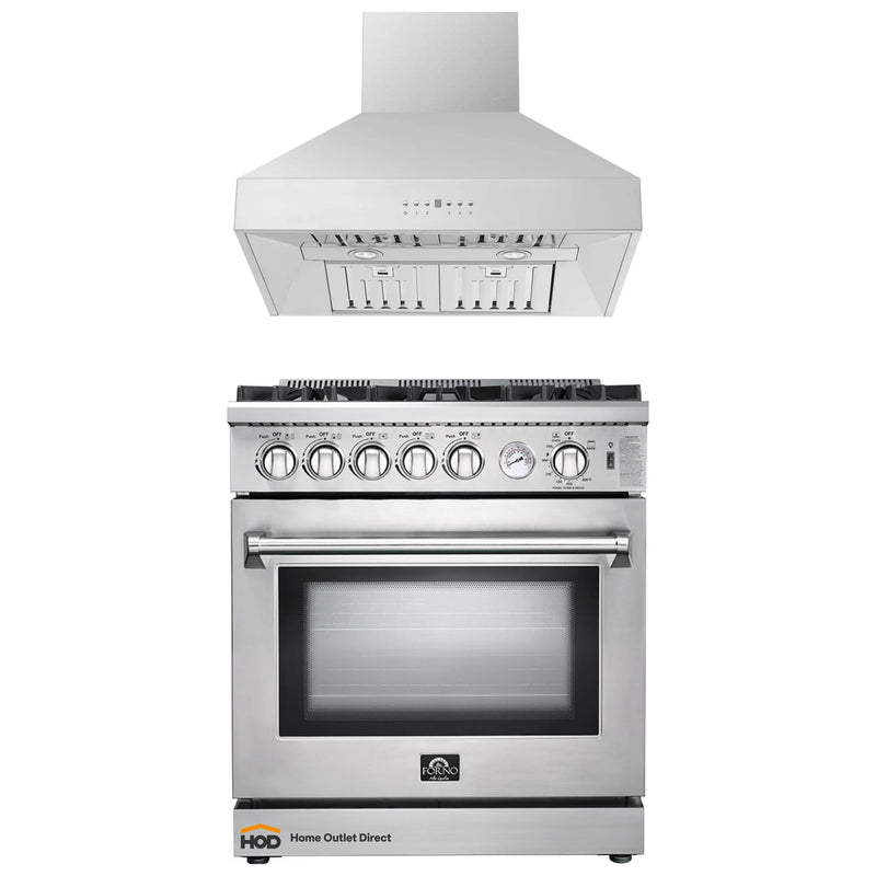 Forno 2-Piece Appliance Package - 30-Inch Gas Range & Wall Mount Hood in Stainless Steel