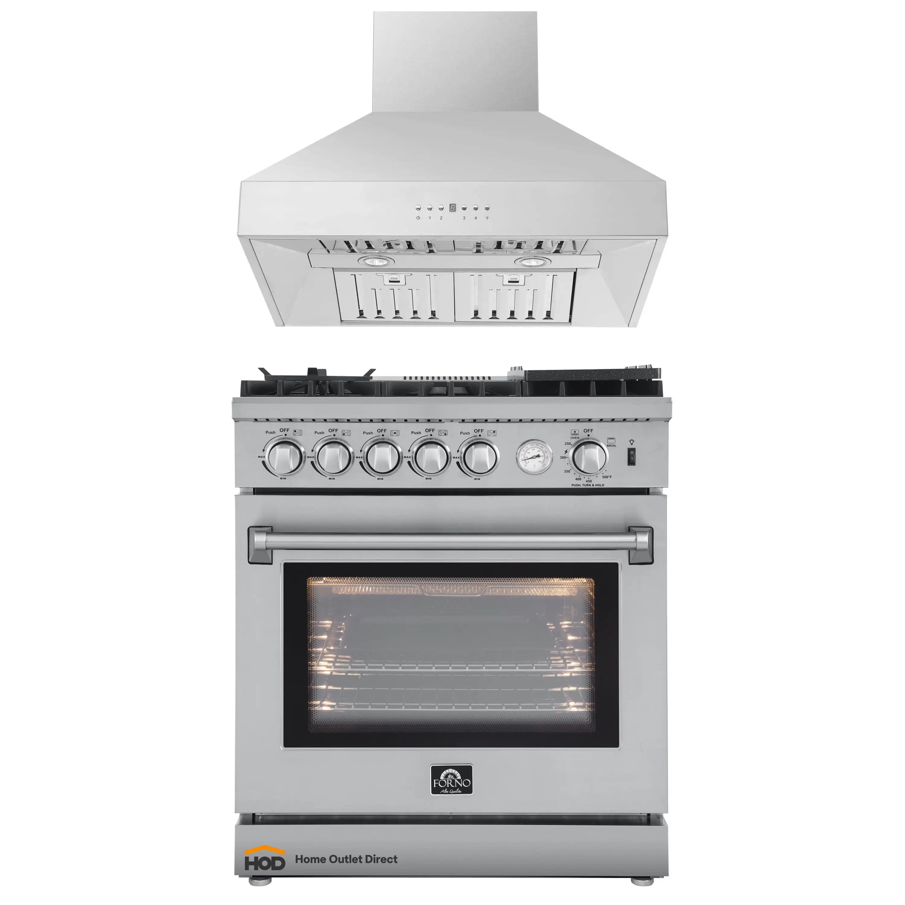 Stainless steel gas range with wall-mounted hood, control knobs and oven door