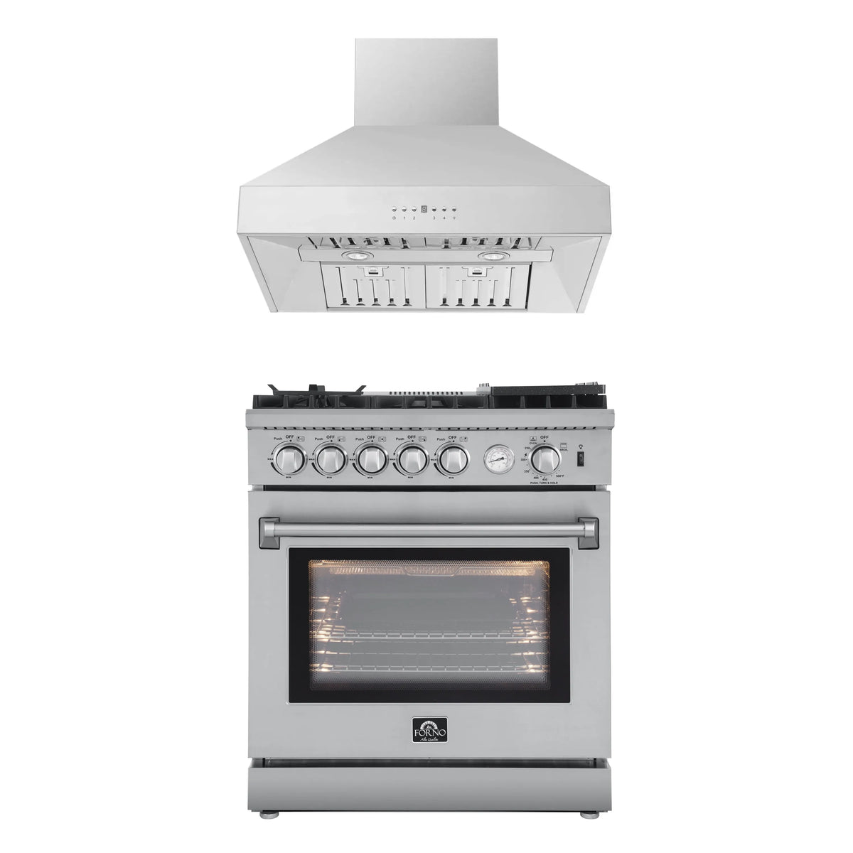 Forno 2-Piece Appliance Package - 30-Inch Gas Range with Air Fryer & Wall Mount Hood in Stainless Steel