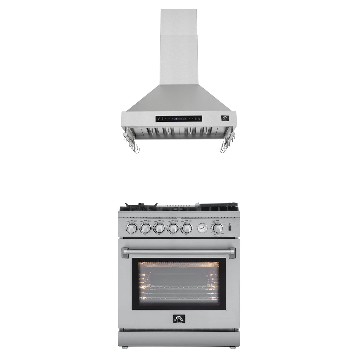 Forno 2-Piece Appliance Package - 30-Inch Gas Range with Air Fryer & Wall Mount Hood in Stainless Steel