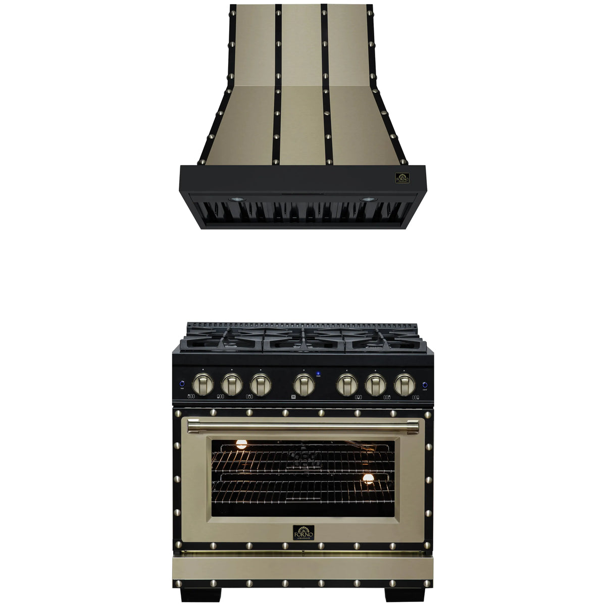 Forno 2-Piece Appliance Package - 36-Inch Gas Range & Wall Mount Range Hood in Black with Antique Brass Trim