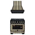 Forno 2-Piece Appliance Package - 36-Inch Ambassador Gas Range & Wall Mount Range Hood in Black with Antique Brass Trim