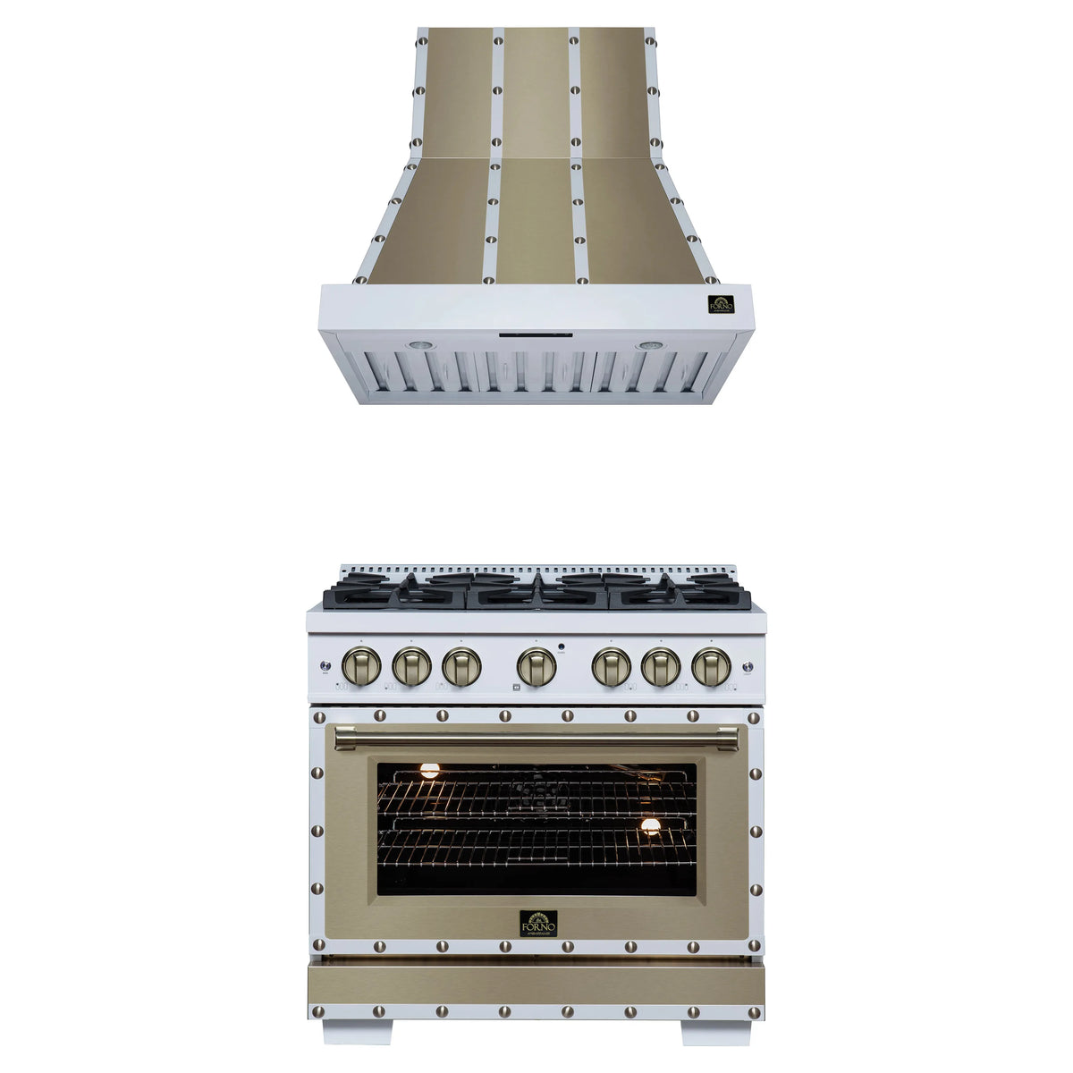Forno 2-Piece Appliance Package - 36-Inch Gas Range & Wall Mount Range Hood in White with Antique Brass Trim