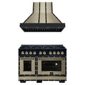 Forno 2-Piece Appliance Package - 48-Inch Ambassador Gas Range & Wall Mount Range Hood in Black with Antique Brass Trim