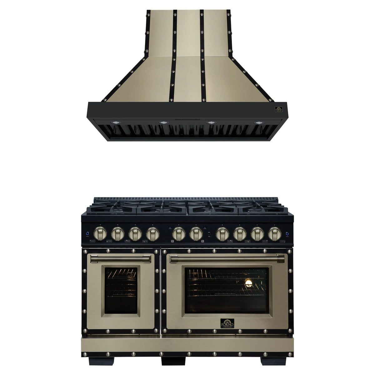 Forno 2-Piece Appliance Package - 48-Inch Gas Range & Wall Mount Range Hood in Black with Antique Brass Trim