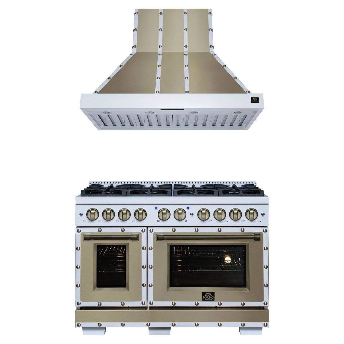 Forno 2-Piece Appliance Package - 48-Inch Gas Range & Wall Mount Range Hood in White with Antique Brass Trim