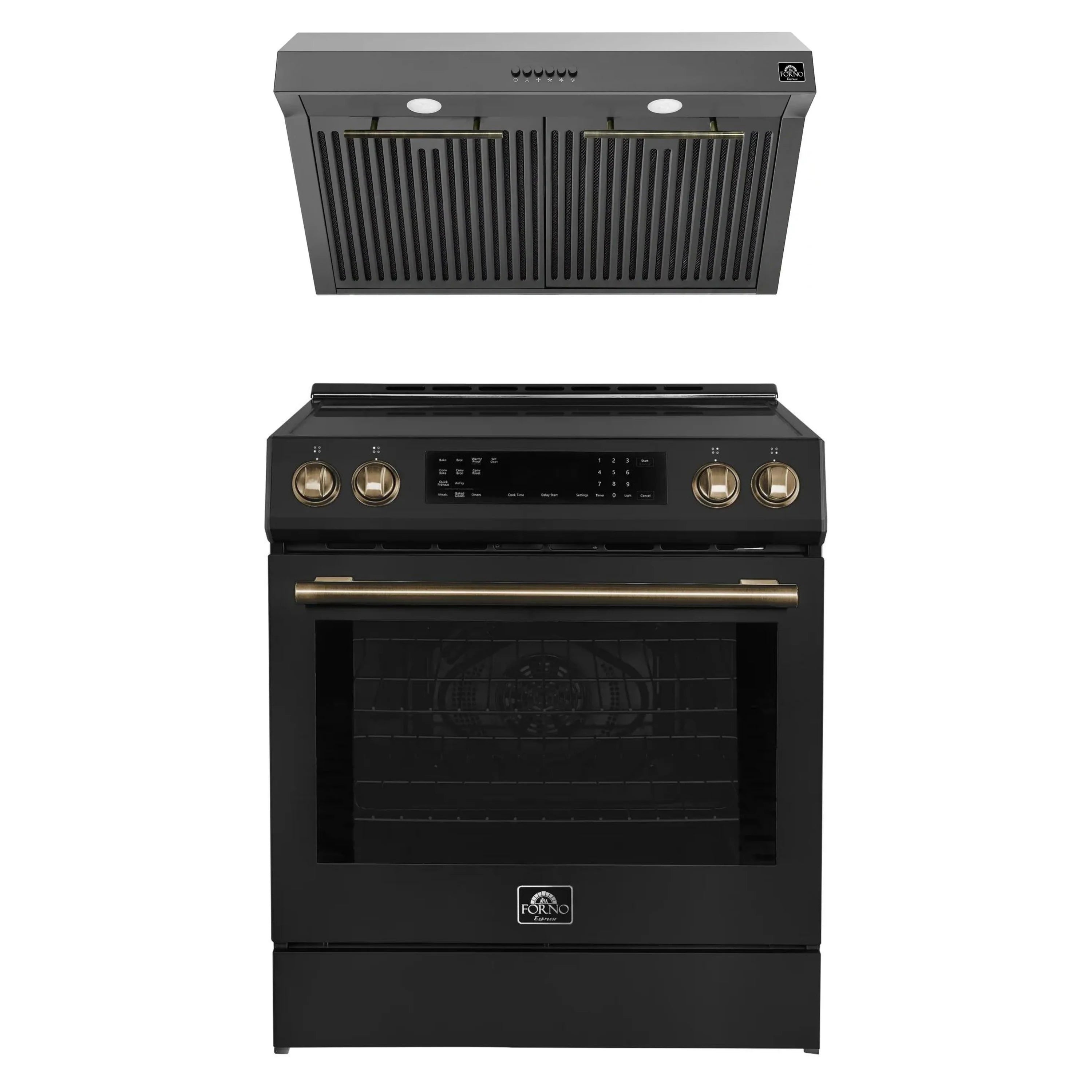 Black induction range and under-cabinet range hood with antique brass trim, front view