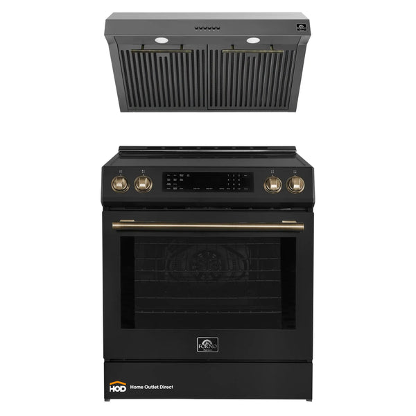 Forno Espresso 2-Piece Appliance Package - 30-Inch Induction Range and Under Cabinet Range Hood in Black with Brass Trim