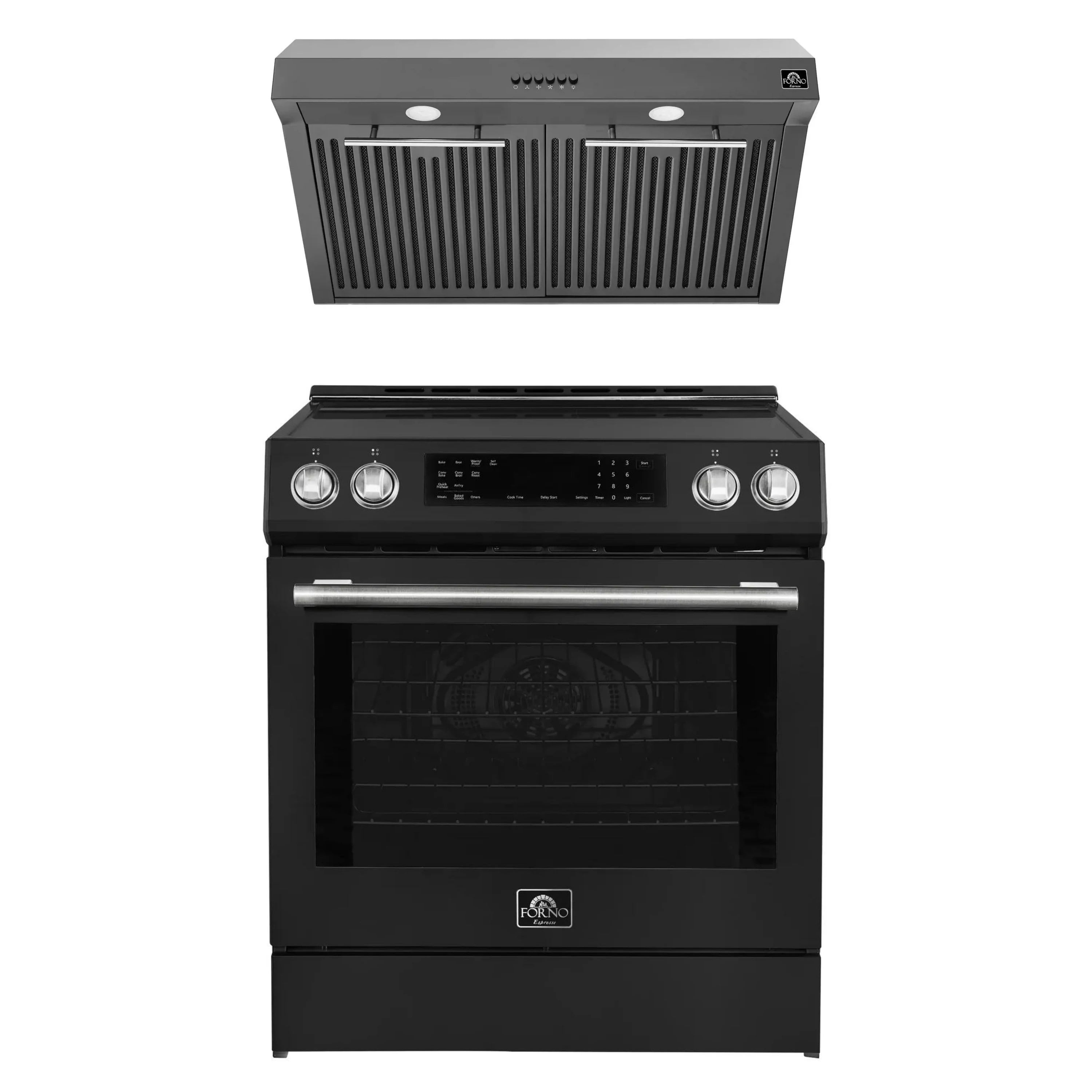 Black induction range with stainless-trim under-cabinet hood and control knobs