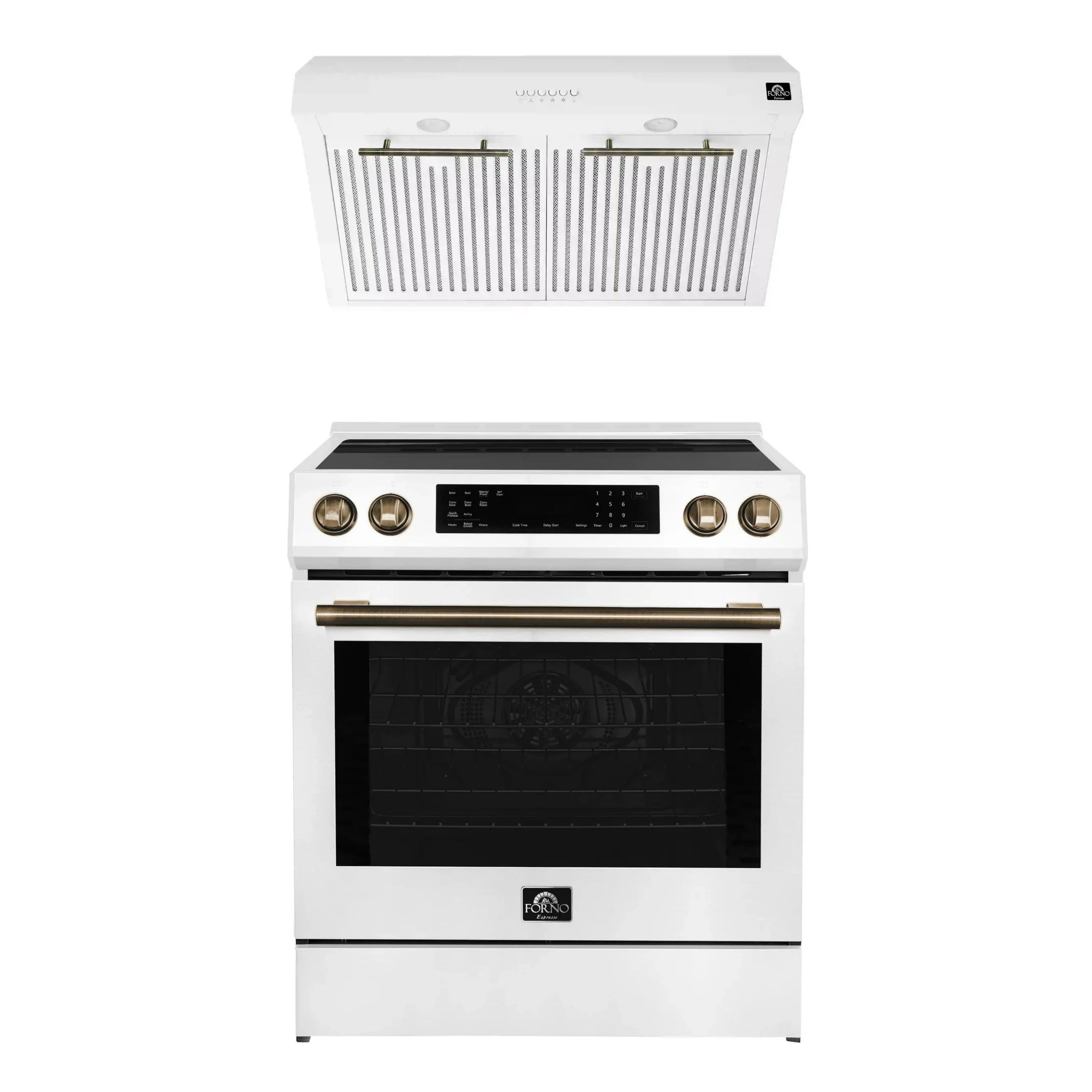 White induction range and hood set with brass control knobs and black glass oven door
