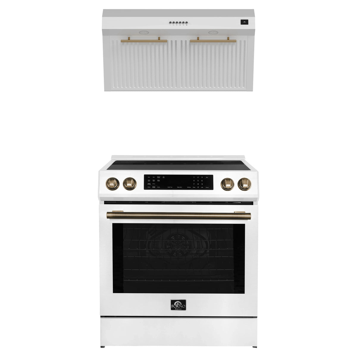Forno Espresso 2-Piece Appliance Package - 30-Inch Induction Range and Under Cabinet Range Hood in White with Antique Brass Trim