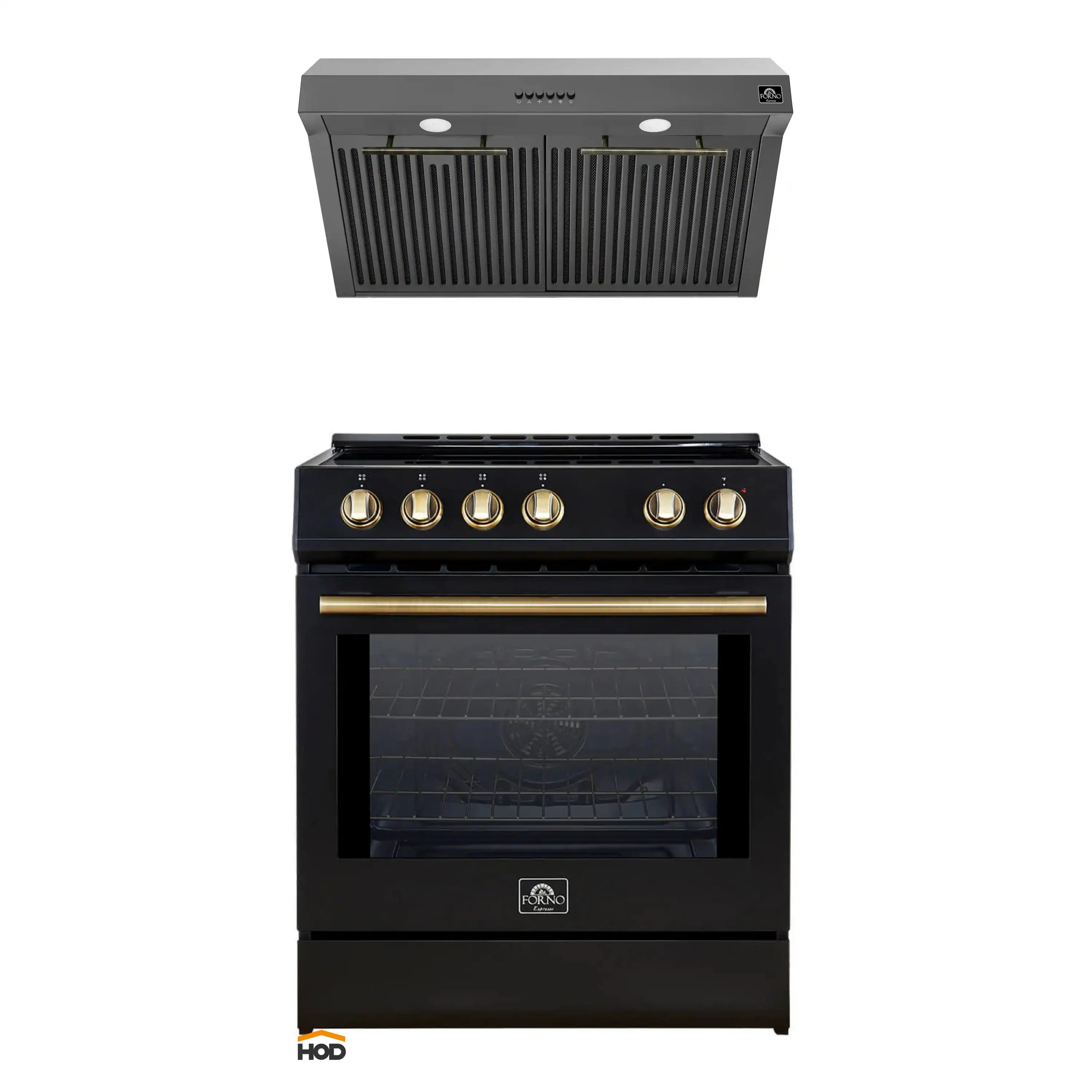 Black induction range and under-cabinet hood set with brass-trimmed controls