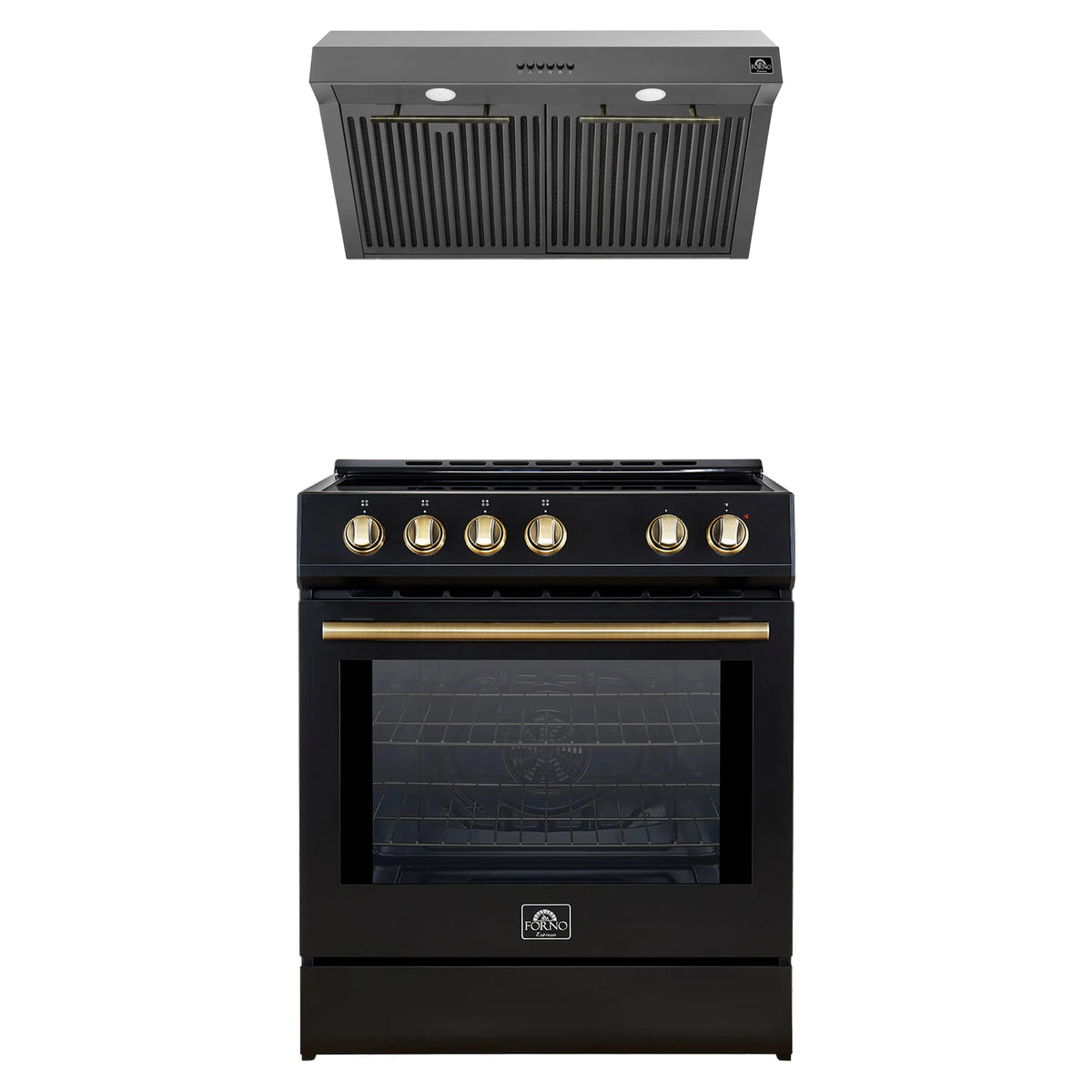 Forno 2-Piece Appliance Package - 30-Inch IInduction Range, and Under Cabinet Range Hood in Black with Antique Brass Trim