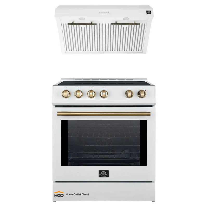 Forno 2-Piece Appliance Package - 30-Inch Induction Range, and Under Cabinet Range Hood in White with Antique Brass Trim