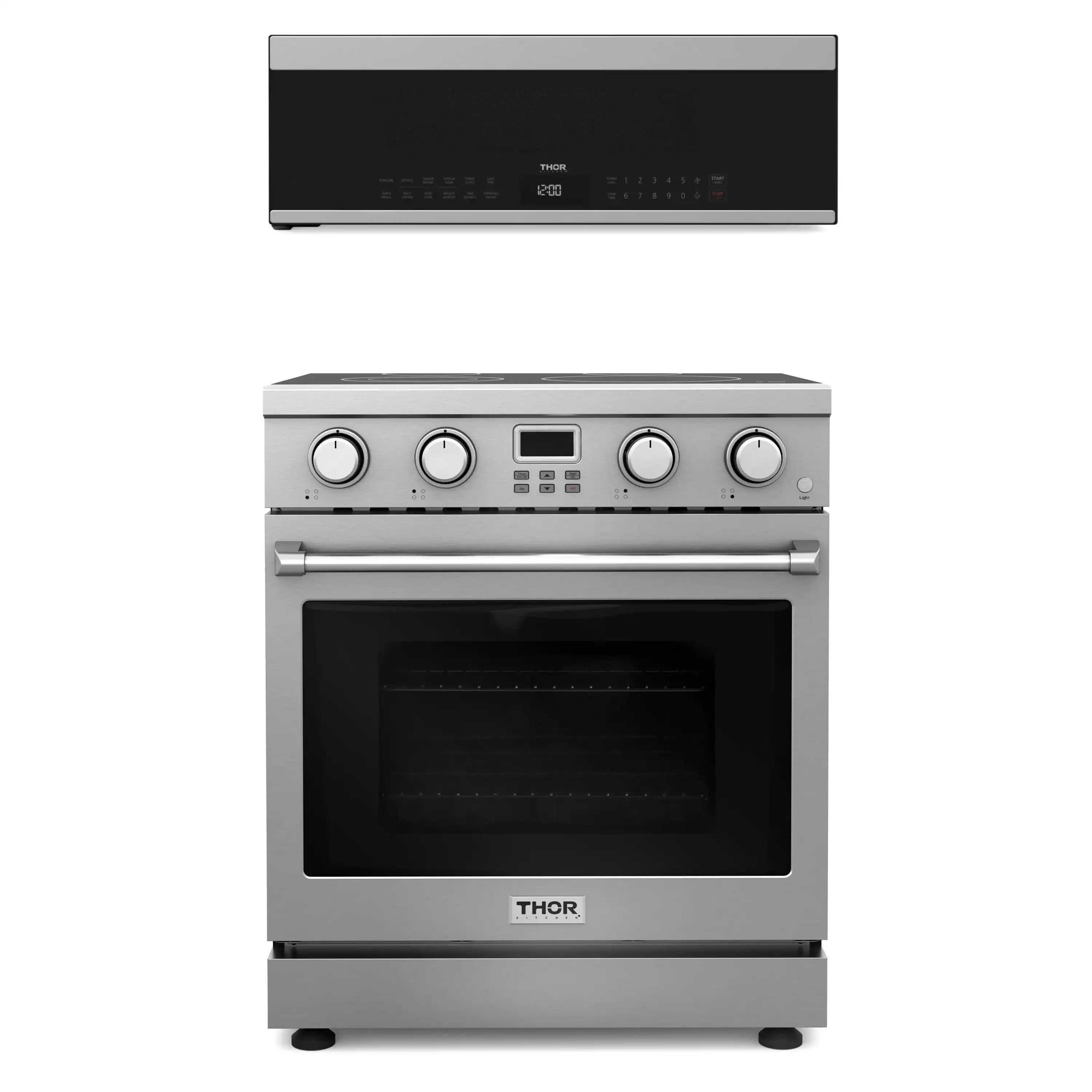 Electric range with over-the-range microwave/vent hood and front control panel