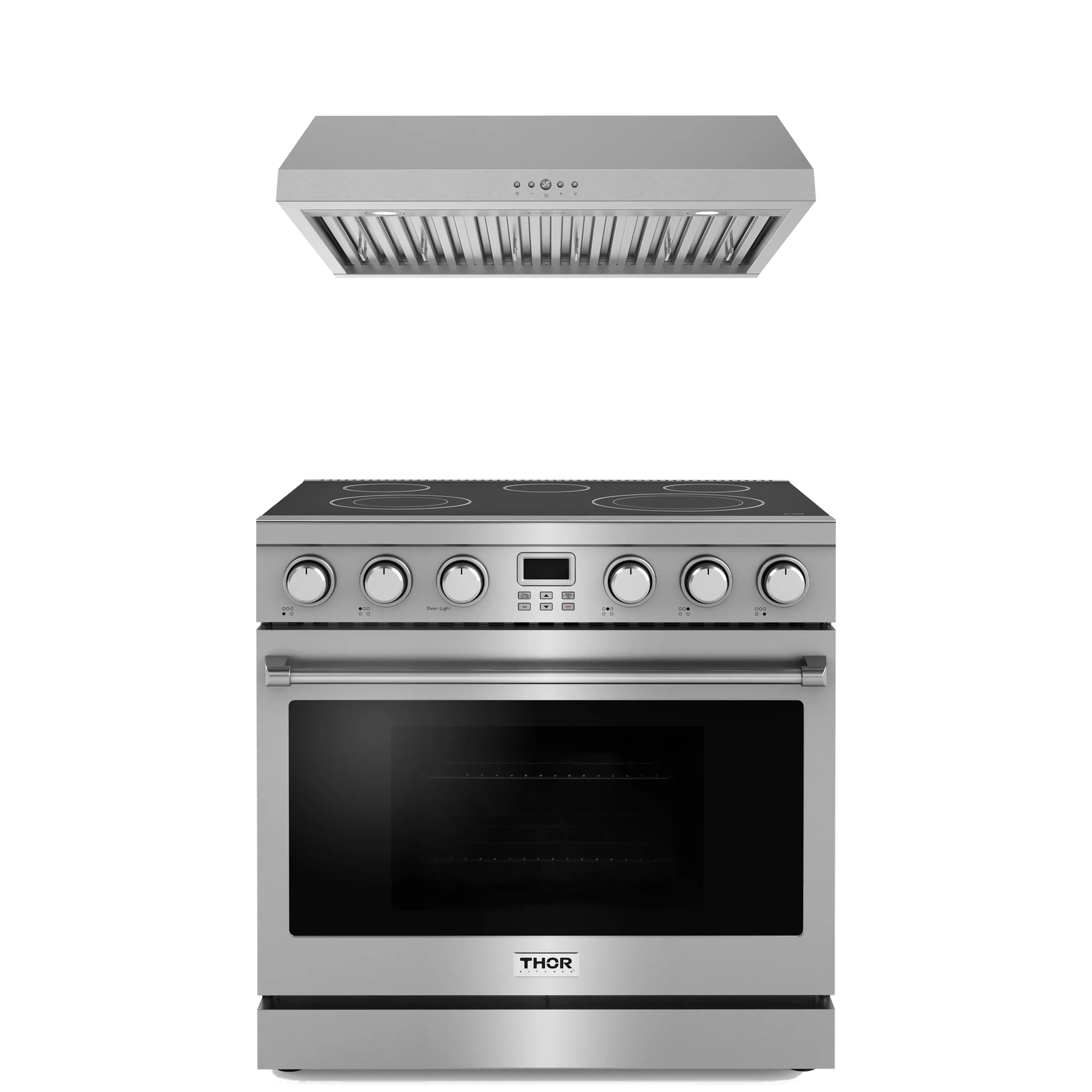 Stainless steel electric range with under-cabinet hood, front view with control knobs