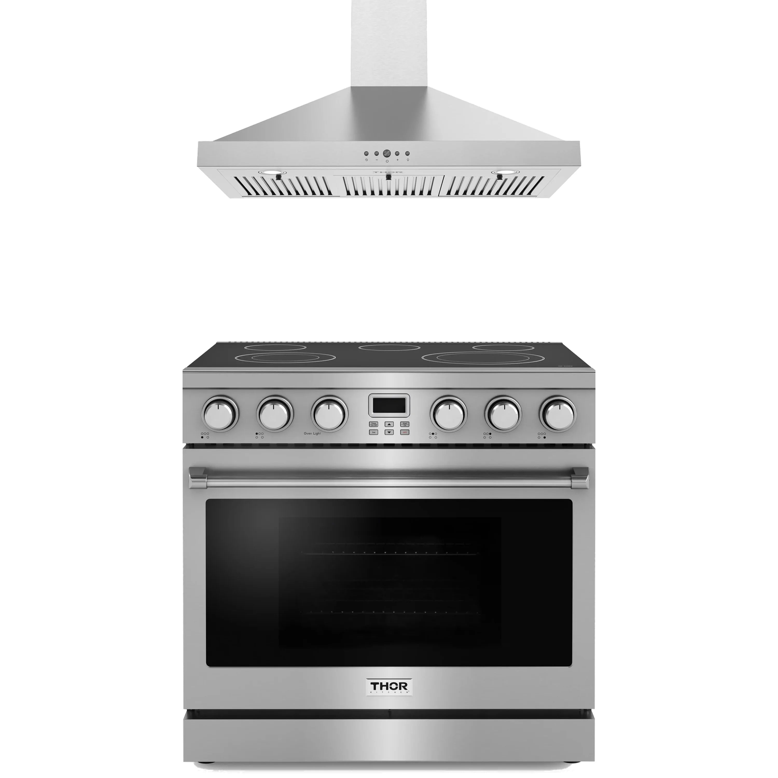 Stainless steel electric range with black glass cooktop and control knobs