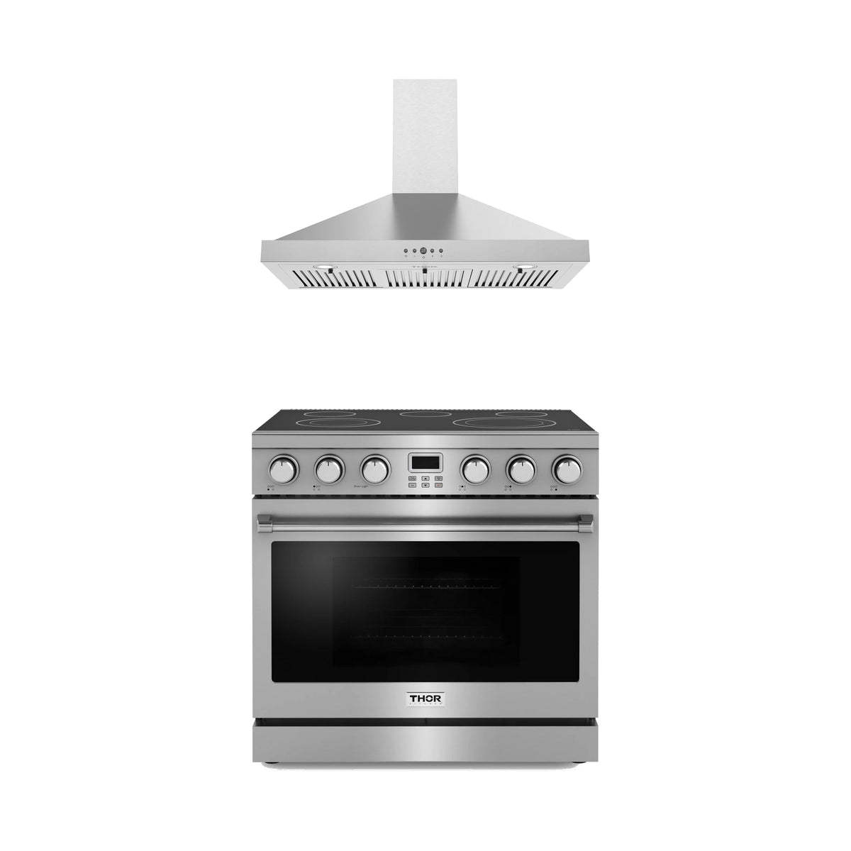 Thor Kitchen 2-Piece Appliance Package - 36-Inch Electric Range & Wall Mount Hood in Stainless Steel