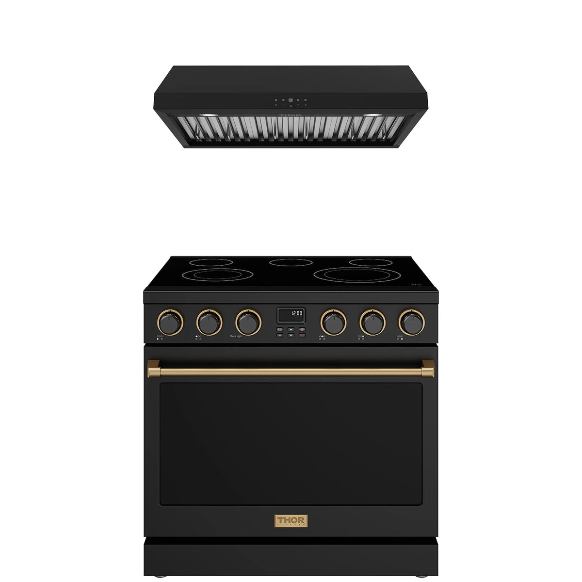 Black Thor Kitchen appliance package with 36-inch electric range, under cabinet range hood