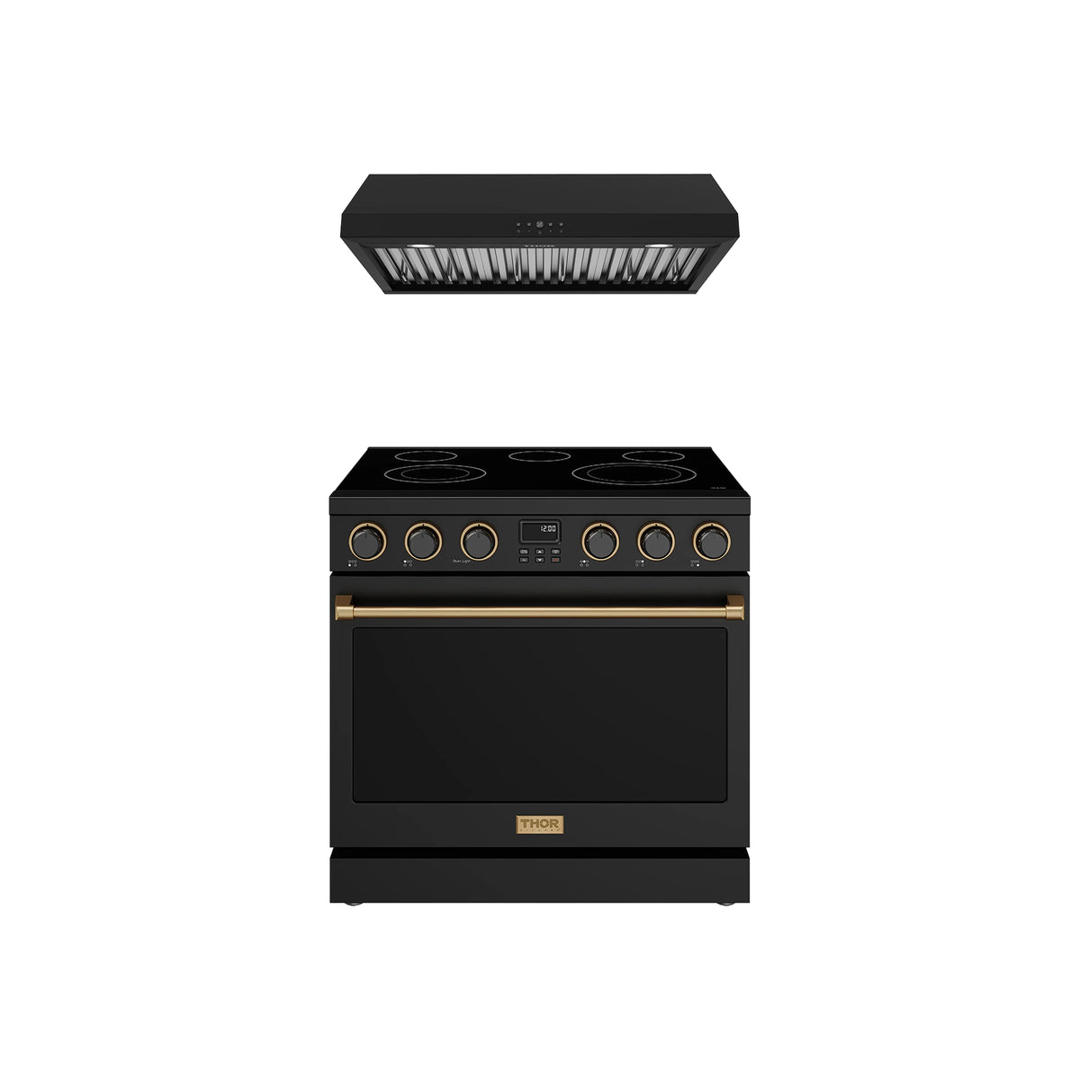 Thor Kitchen 2-Piece Appliance Package - 36-Inch Electric Range & Under Cabinet Hood in Black with Bronze Trim
