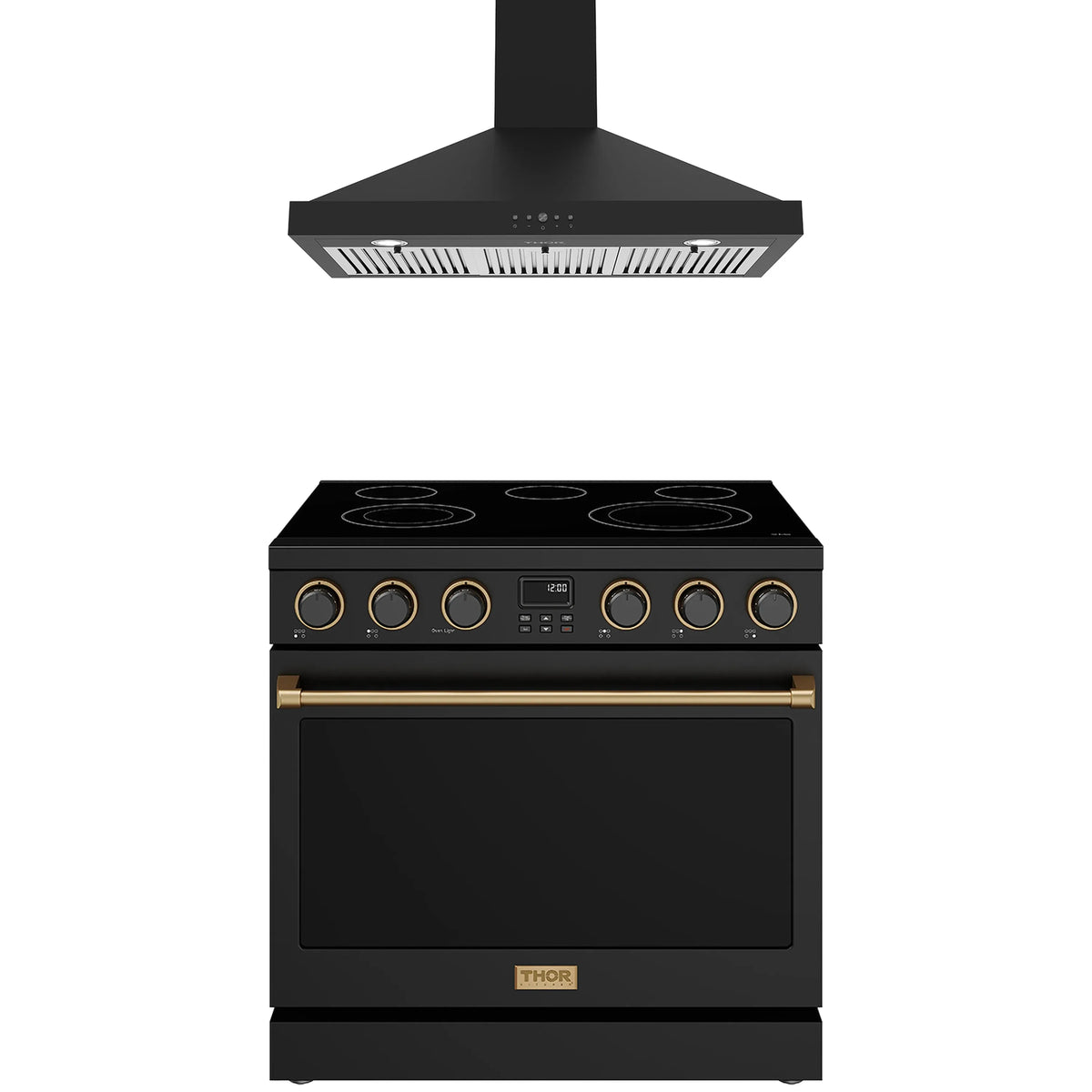 Black Thor Kitchen appliance package with 36-inch electric range, wall mount range hood