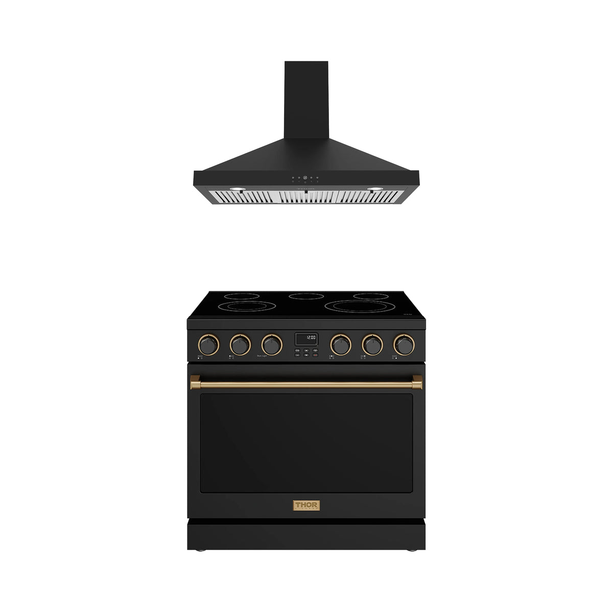 Thor Kitchen 2-Piece Appliance Package - 36-Inch Electric Range & Wall Mount Hood in Black with Bronze Trim