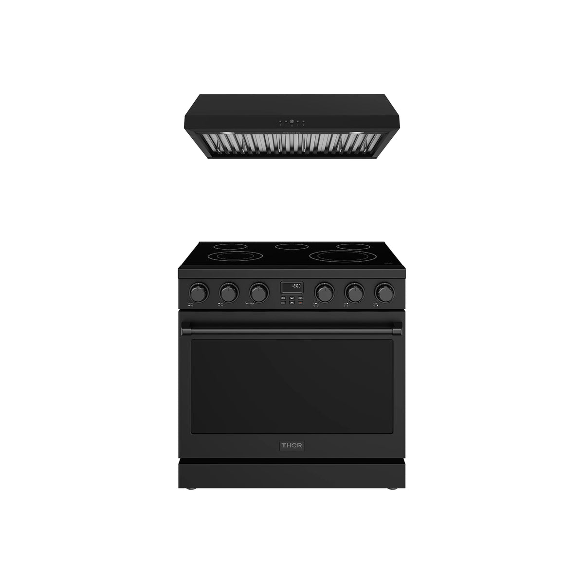 Thor Kitchen 2-Piece Appliance Package - 36-Inch Electric Range & Under Cabinet Hood in Black