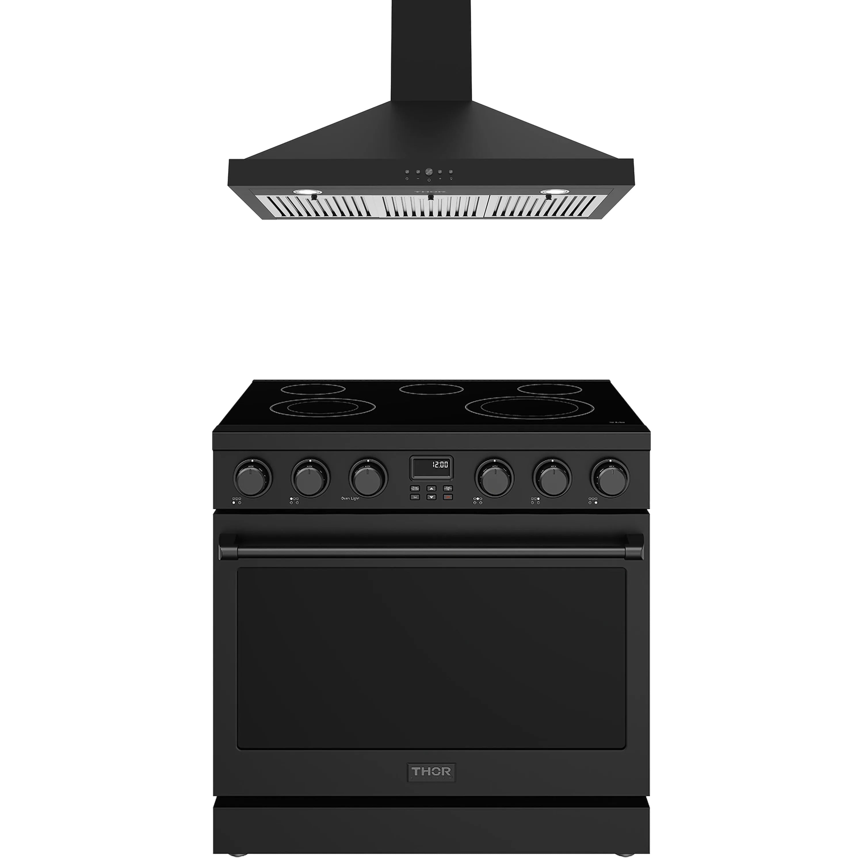 Black electric range with coil cooktop and wall hood above