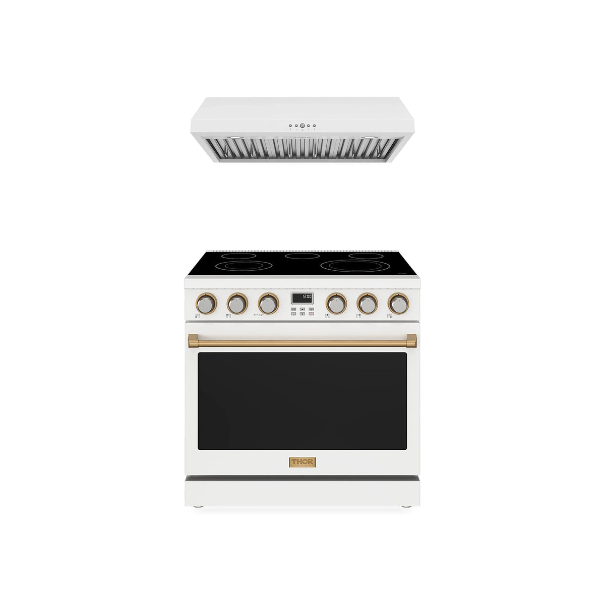 Thor Kitchen 2-Piece Appliance Package - 36-Inch Electric Range & Under Cabinet Hood in White with Bronze Trim