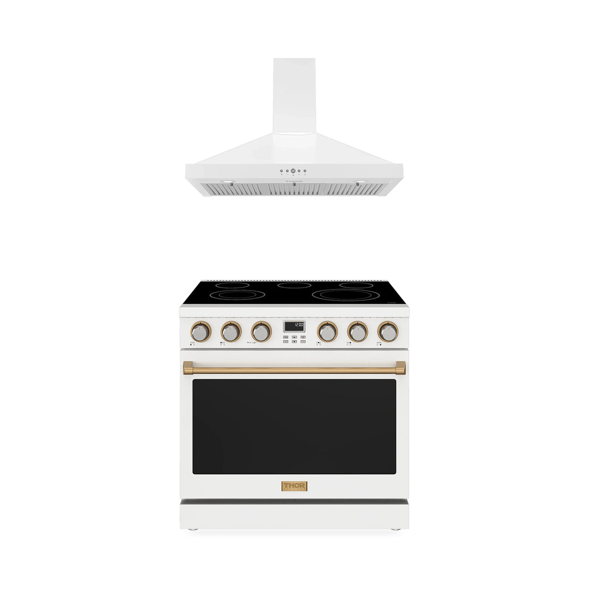Thor Kitchen 2-Piece Appliance Package - 36-Inch Electric Range & Wall Mount Hood in White with Bronze Trim