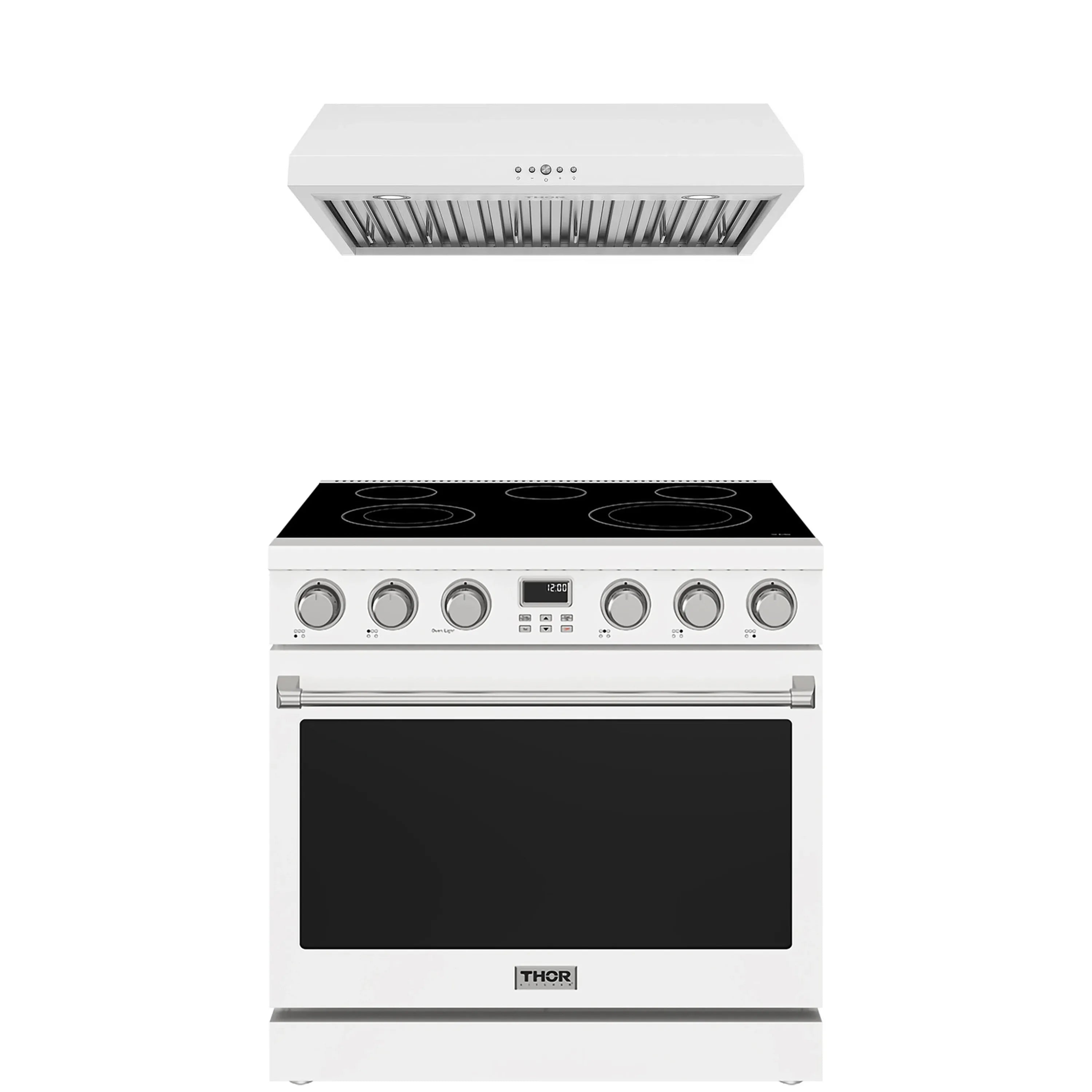 White electric range with black glass cooktop, oven door, and under-cabinet hood