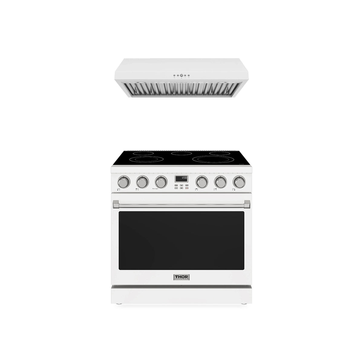 Thor Kitchen 2-Piece Appliance Package - 36-Inch Electric Range & Under Cabinet Hood in White